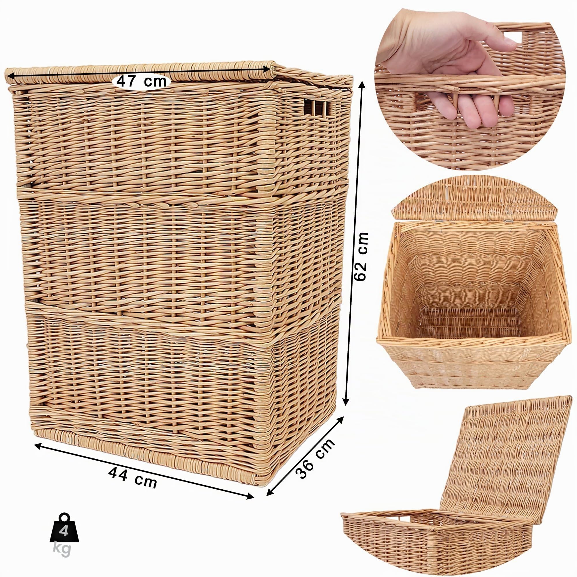 Weeco Cesta de Mimbre Con Tapa Plegable y Dos Asas - Gran Baúl Natural para Ropa, Almohadas y Juguetes de Niños