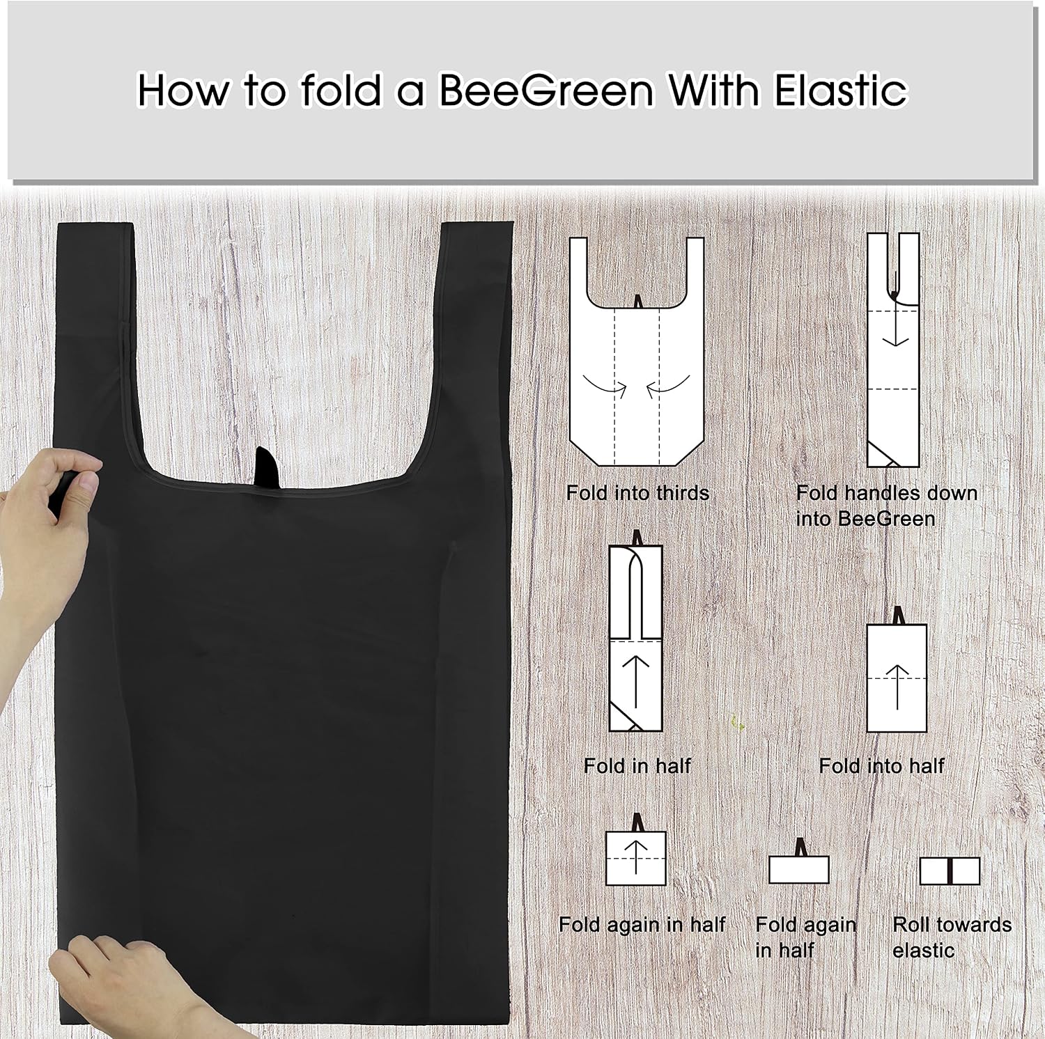 BeeGreen Black Reusable Grocery Bags Shopping Bags for Groceries 12 Pack Heavy Duty - Foldable Polyester Grocery Totes with Handles and Zipper Bag, Large Travel Washable Holiday Tote Bag Bulk​