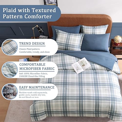 Miniatura 3 de Juego de edredón de tamaño matrimonial, juego de ropa de cama a cuadros azules y grises de 7 piezas para niños, niñas y adolescentes, juego de