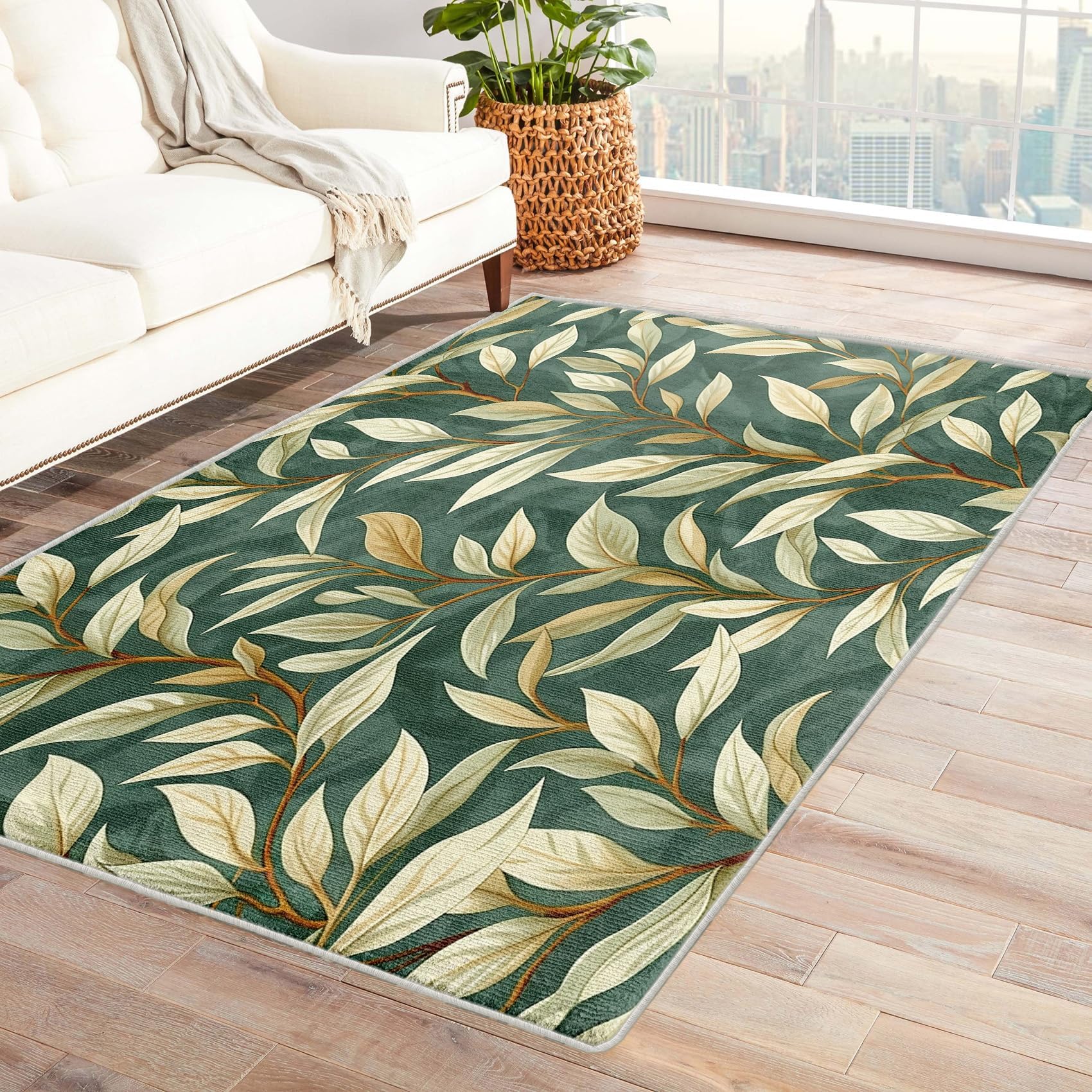 Leaves Rug 4x5 Area Rug, Leaf Plant Rugs for Bedroom Living Room, Washable Non-Slip Soft Low Pile Large Rug Indoor Floor Rug, Dorm Dining Room Nursery Home Decor Carpet (Gq-&158)