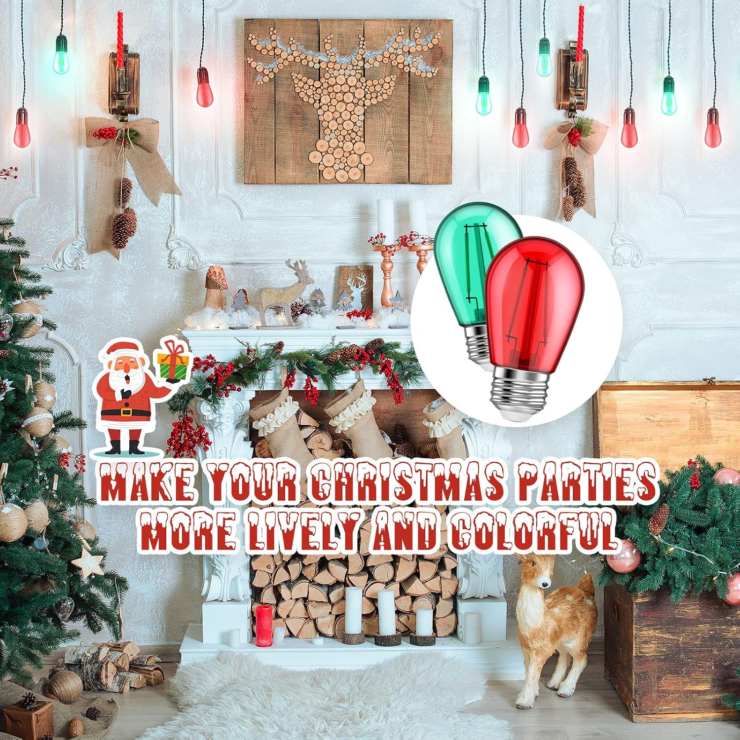 25 Pack Red and Green S14 LED Light Bulbs 2 Watt E26 Base Christmas Red and Green Colored Bulbs Shatterproof Replacement Waterproof String Lights for Indoor Outdoor Village, Porch, Bistro Decor