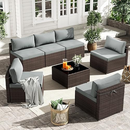 7 Piece Patio Furniture Set, Outdoor Wicker Patio Sofa Set, PE Rattan Sectional Couch with Glass Table and Grey Cushions, All-Weather 7 Piece Outdoor Patio Furniture Sets, Brown