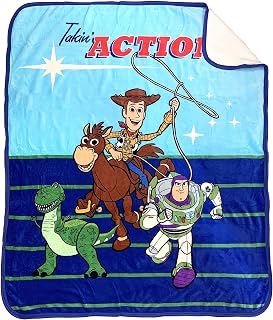 Disney Pixar Toy Story Takin Action Sherpa Throw Blanket - Measures 50 x 60 inches, Kids Bedding Features Woody & Buzz Lightyear - Fade Resistant Super Soft - (Official Disney Pixar Product)