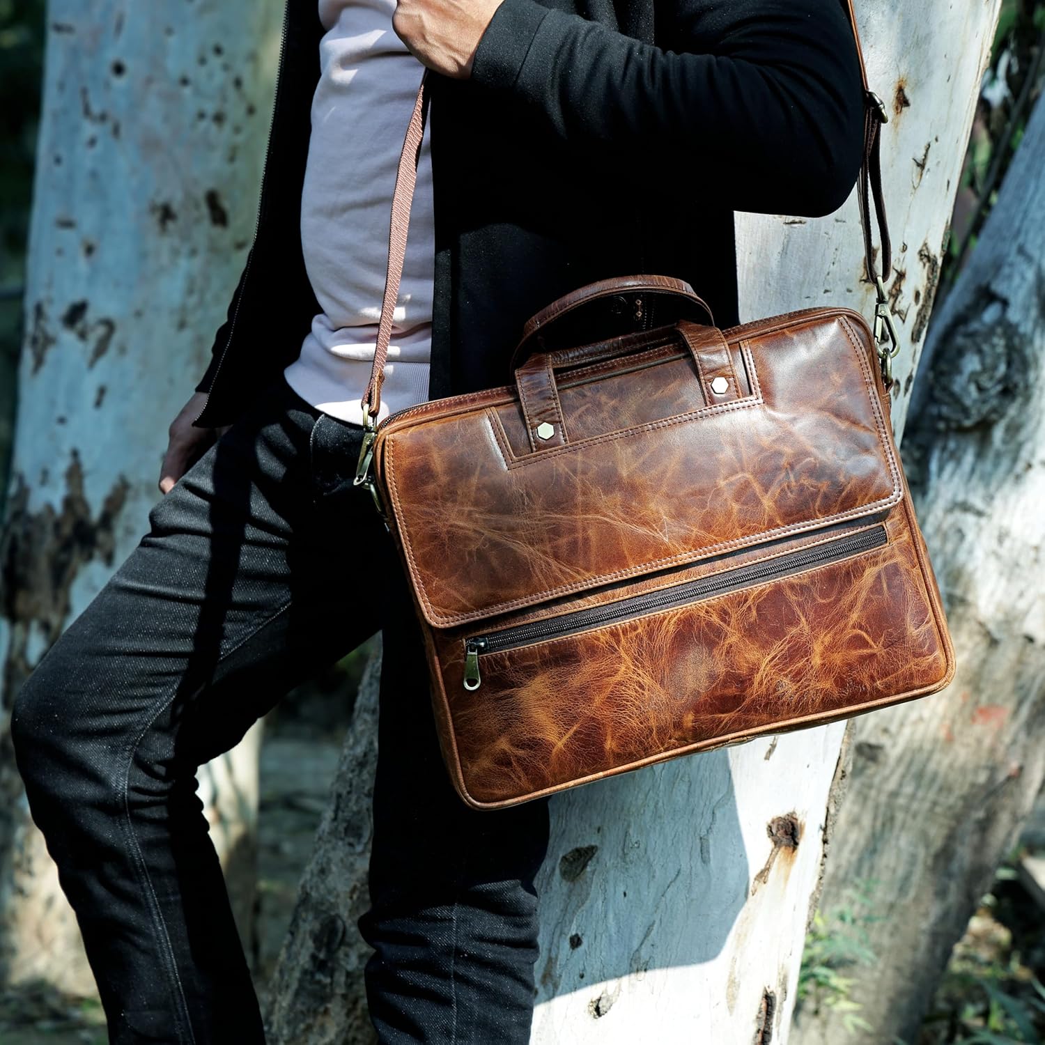 Mens Laptop Bag 16 Inch Waterproof Vintage Leather Shoulder Office Crossbody Bag With Ajustable Straps Metal Grip - Image 3
