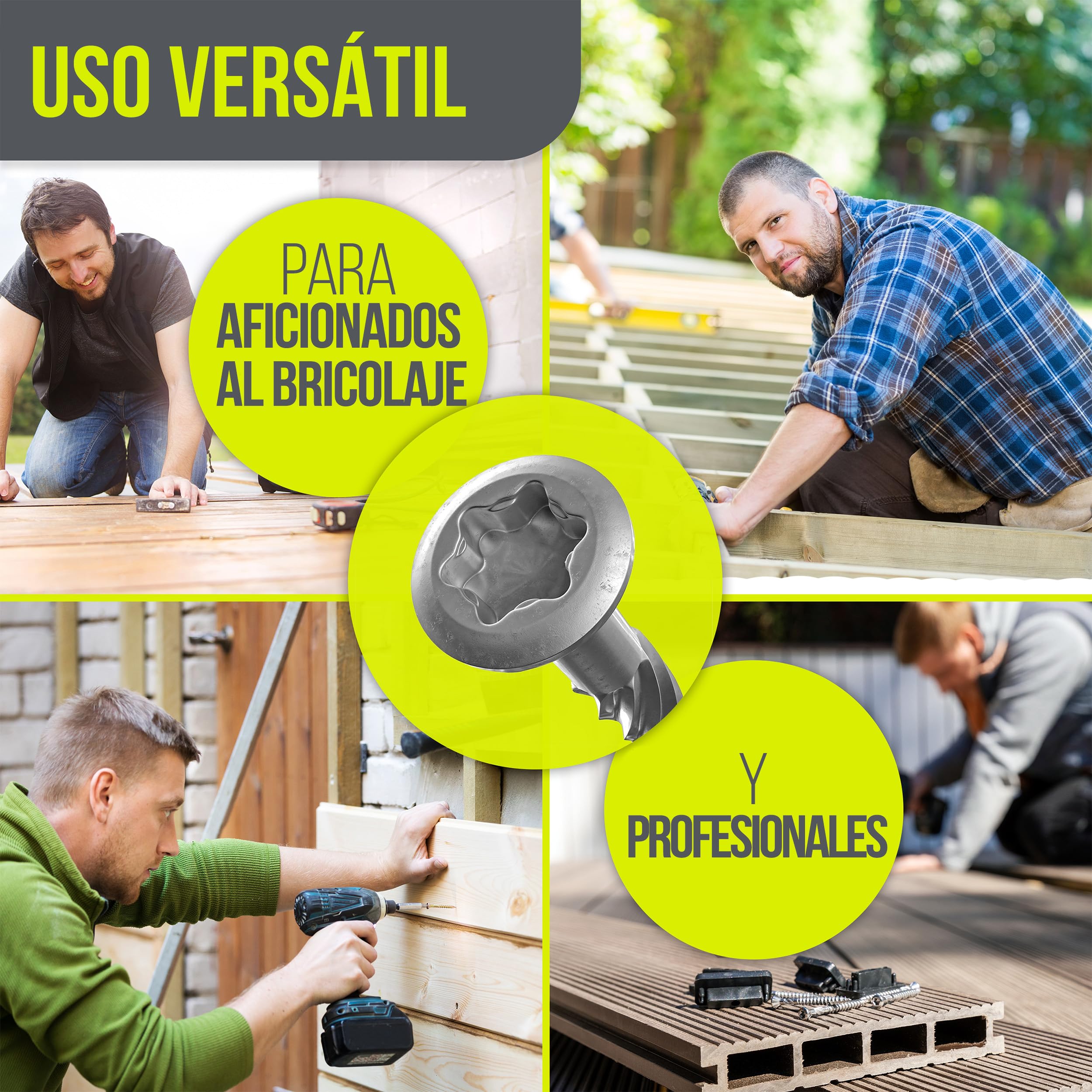 Tornillos para terraza Muesca de corte Torx | A2 TX25-5,0x50mm - 200 uds| Tornillos para tarimas de acero inoxidable de primera calidad con recubrimiento deslizante, tornillo tarima madera