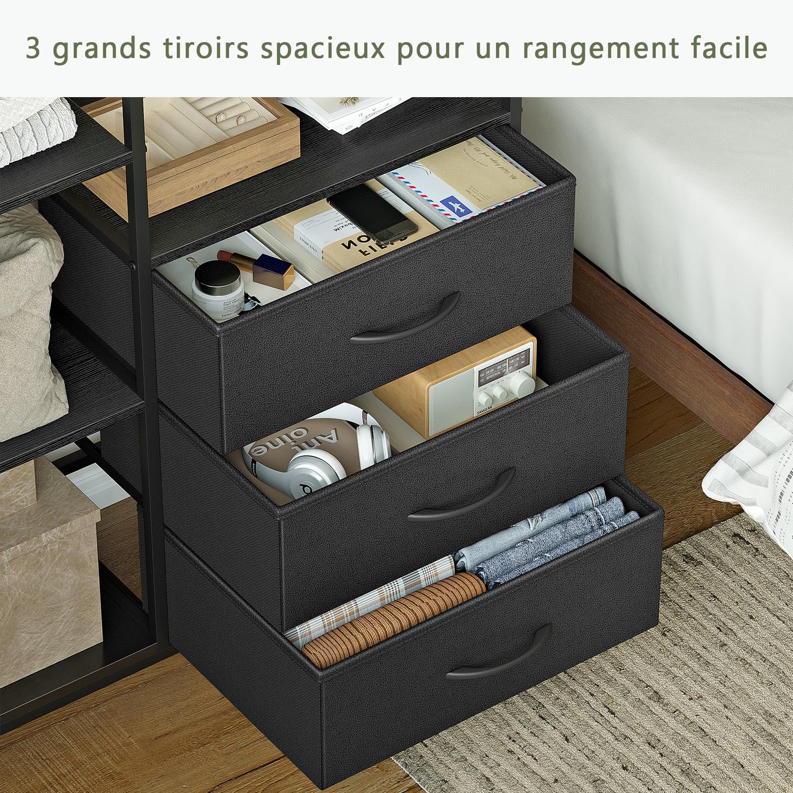 Appendiabiti con Cassetti, Stand Appendiabiti, Armadio Aperto, Guardaroba, Attaccapanni Moderno, Ripiani Regolabili, 4 Ganci, Nero
