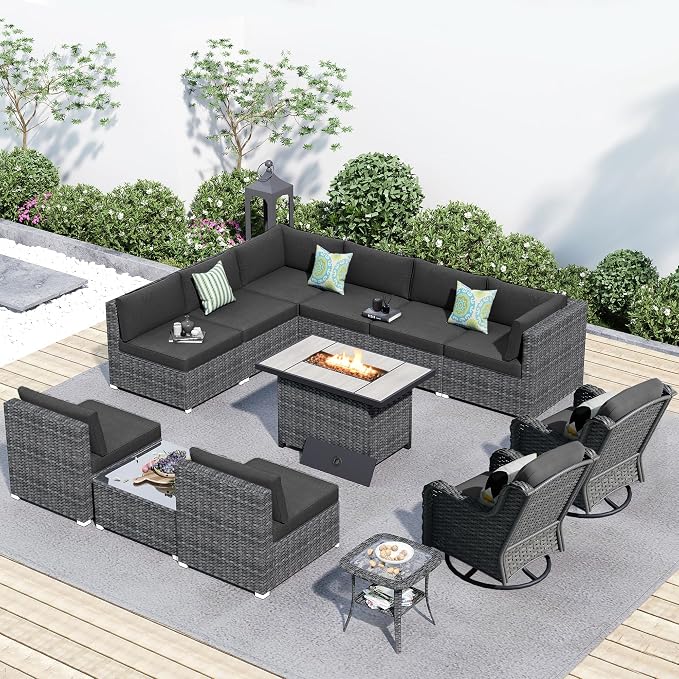 HOOOWOOO Patio Outdoor Sectional Furniture Sofa Set with Fire Pit Table, 13 Piece L Shaped Wicker Couch Set with Swivel Chairs,Modern 10 Persons Summer Patio Conversation Set(Black)