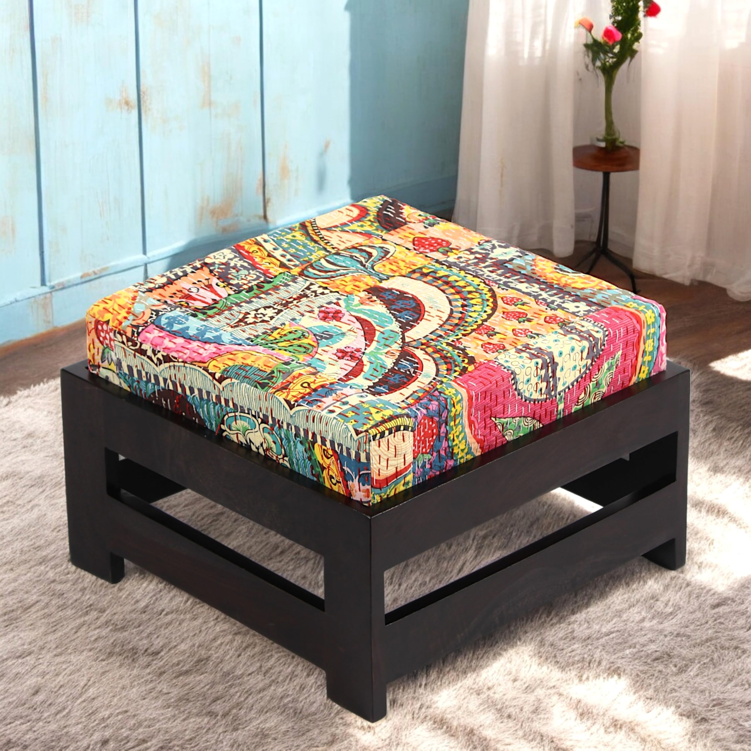 ikiriya amber solid sheesham wood ottoman pouffes for sitting stool for living room (mahogany & fabric: israel print kantha) - 18 x 18 x 12 inch