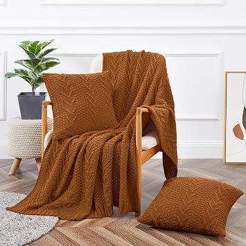 Aormenzy Knitted Throw Blanket 50" x 60" and 2 Pillow Covers 18" x 18", 3 Piece Rust Brown Throw Blanket Set, Decorative Throw Blankets for Couch Sofa Bed Living Room
