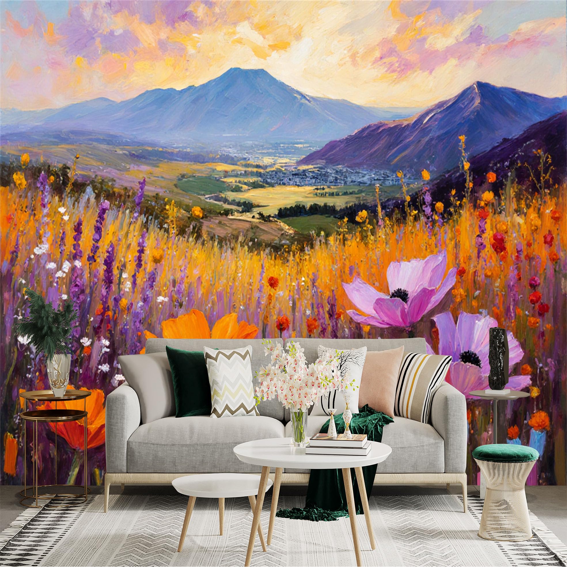Lnzczhyre Xc260505301 Custom Size Wall Sticker Mural， Vibrant Wildflower Meadow， Rolling Hills Landscape， Impressionist Oil Painting Style， For Wall Decoration， Peelandstick Wall Decals.