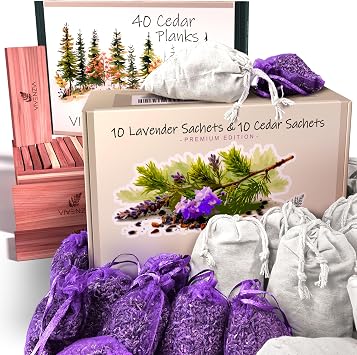 Lavender & Cedar Bundle 20 Sachets 10 Lavender & 10 Cedar and 40 Planks for Closet and Drawer Freshness.