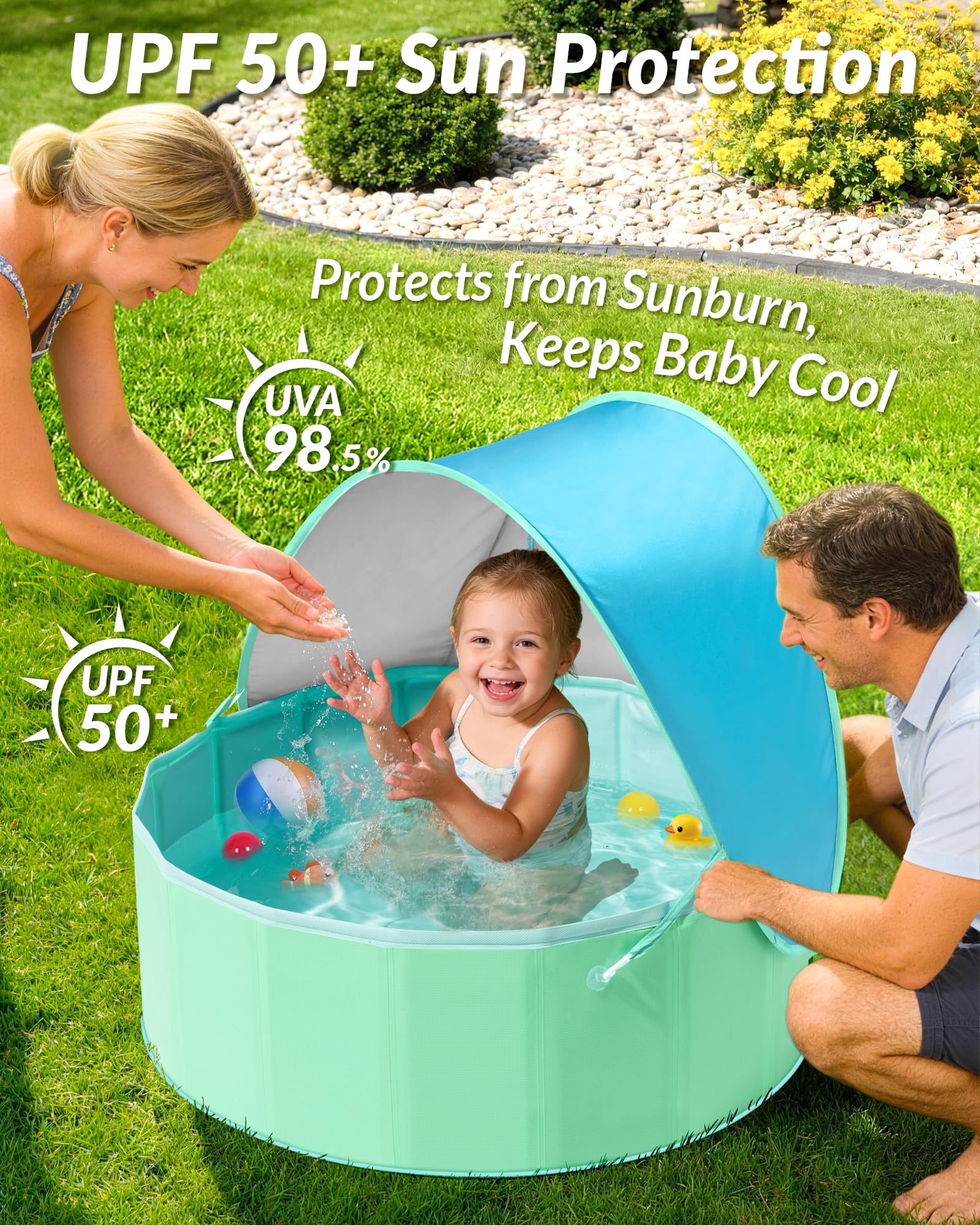 Hikiddy Piscina infantil con sombra: piscina desplegable de 80 cm con toldo para verano, playa, jardín (azul y menta, 80 cm)