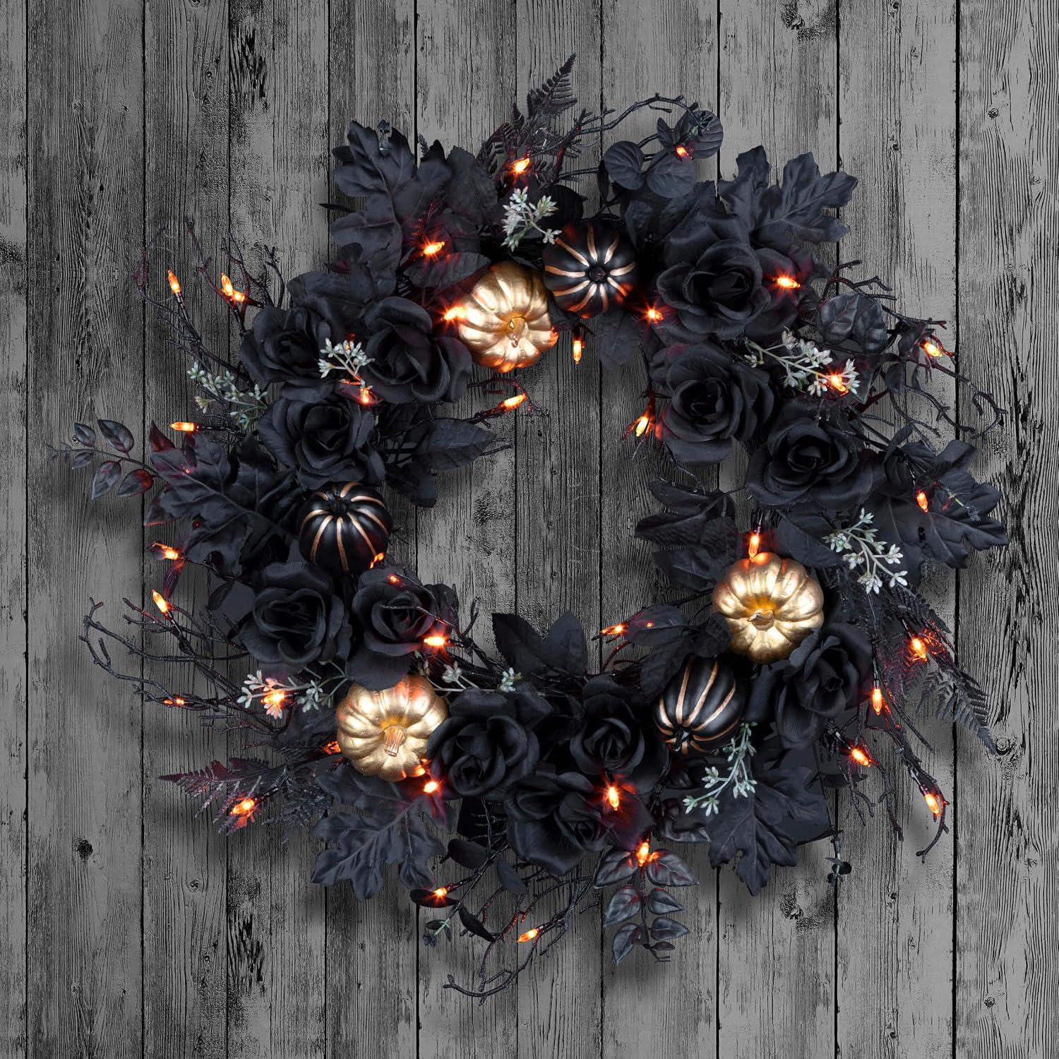 National Tree Company, 24inch Artificial Chic Eek Black and Gold Halloween Wreath, 40 Orange LED Lights