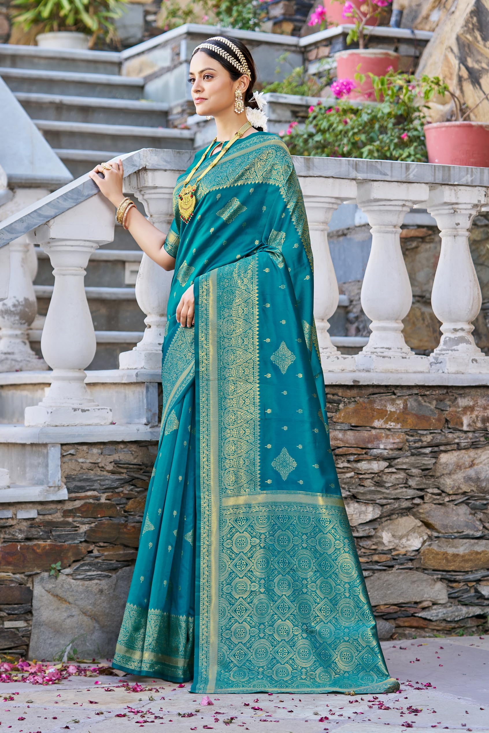 Glory Sarees Womens Banarasi Silk Saree With Blouse Piece (Kalamkari105_Firozi)