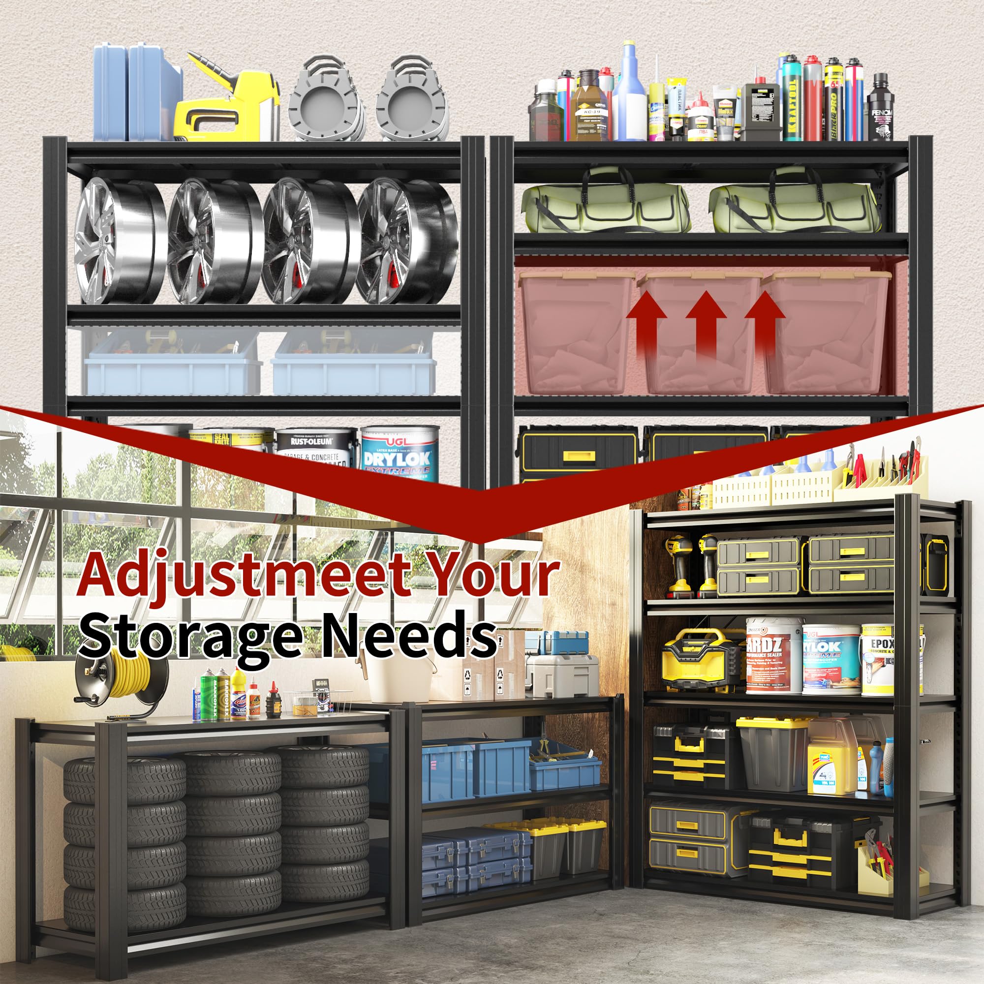 Garage Storage Shelves,Garage Shelving 2000lbs Heavy Duty Adjustable Steel Shelves 5 Tier Metal Shelf Organizer Storage Racks Tool Shelf and Industrial Shelving Warehouse Garage Unit: 78"*47.2"*18"