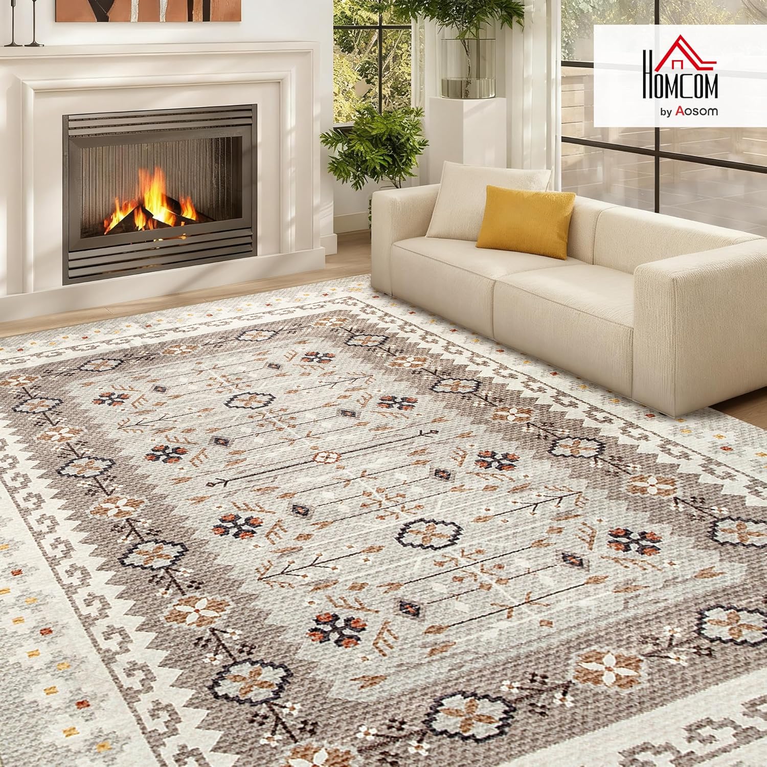 HOMCOM Machine Washable Area Rug, 8 x 10 Vintage Oriental Medallion Distressed Rugs for Living Room, Non-Slip Low Pile Boho Carpet for Bedroom Dining Room, Soft Printed Floor Mat, Brown