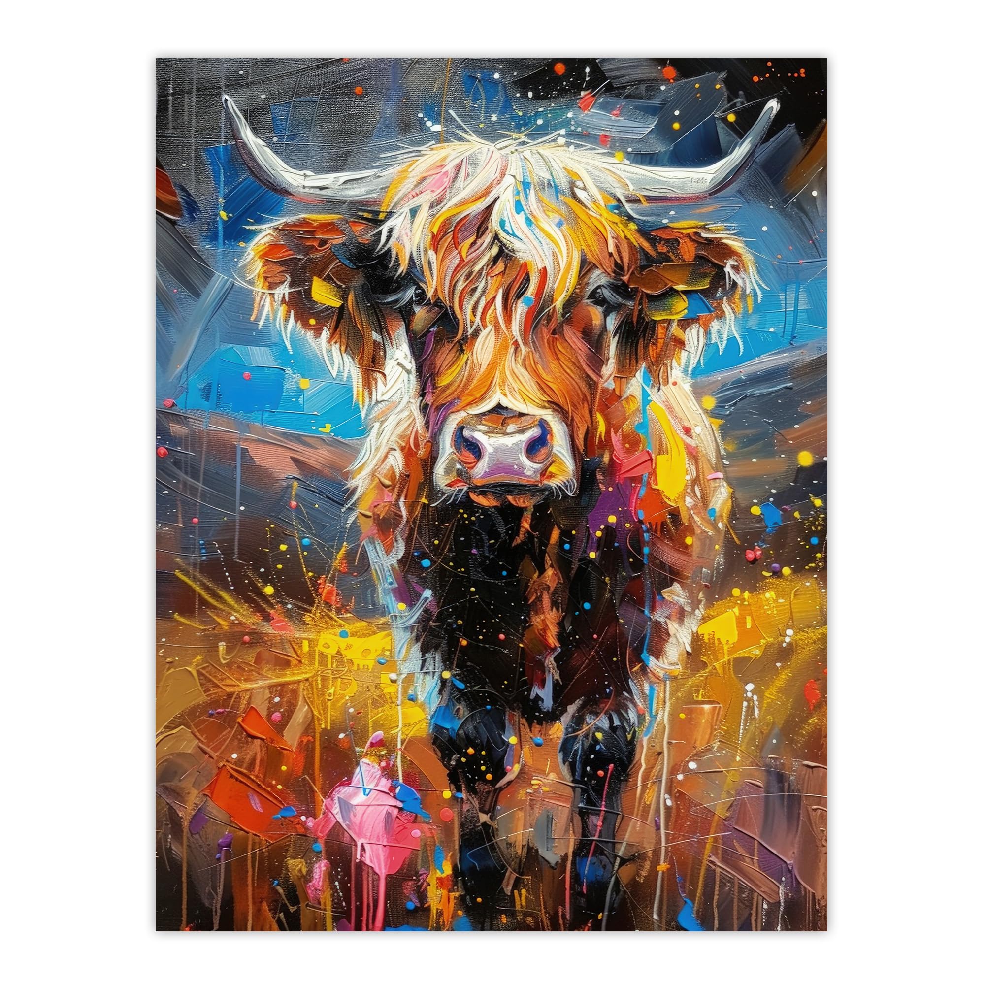Artery8 Highland Cow Scottish Hairy Coo Paint Splat For Living Room Extra Large XL Wall Art Poster Print