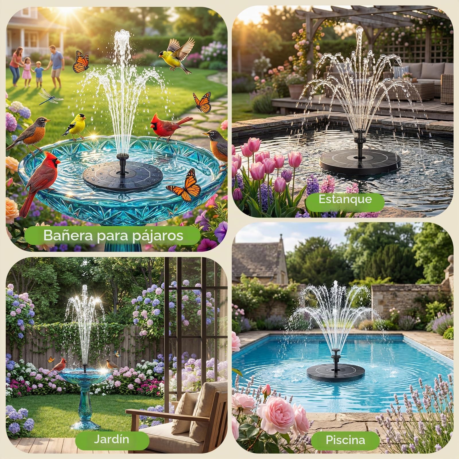 AISITIN Fuente Solar Jardin Exterior 3,5 W, Bomba de Estanque Solar con 6 Boquillas para Baño de Pájaros, Acuario y Jardín Estanque(1PC)