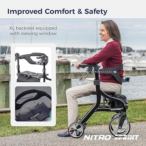 Miniatura 6 de Drive Medical Nitro Sprint - Andador plegable con asiento, rodillo ligero de altura estándar con ruedas grandes, andador plegable con ruedas,