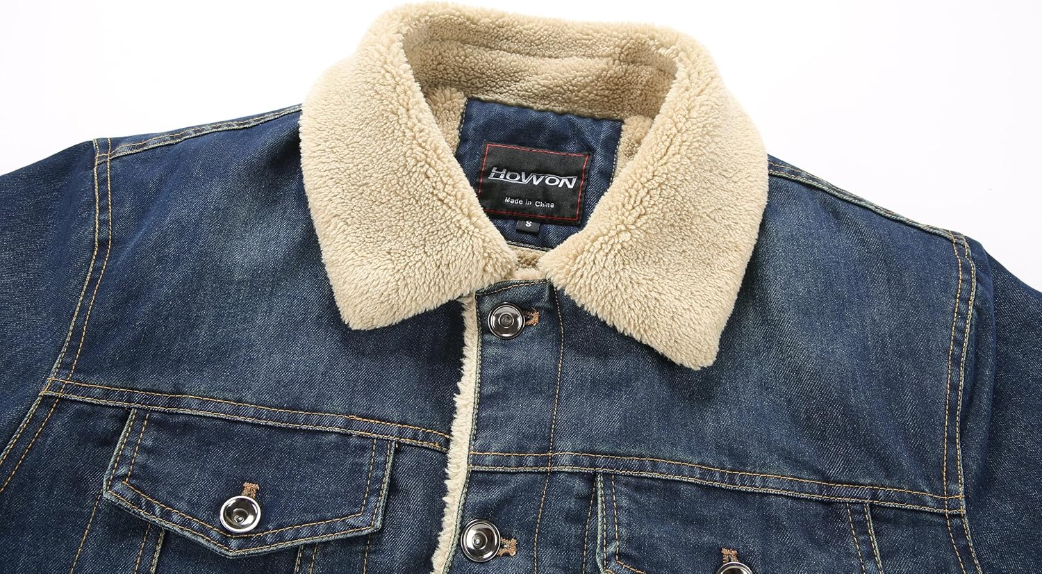 HOW'ON Men's Plus Cotton Warm Fur Collar Sherpa Lined Denim Jacket Button Down Classy Casual Quilted Jeans Coats Outwear - Image 2