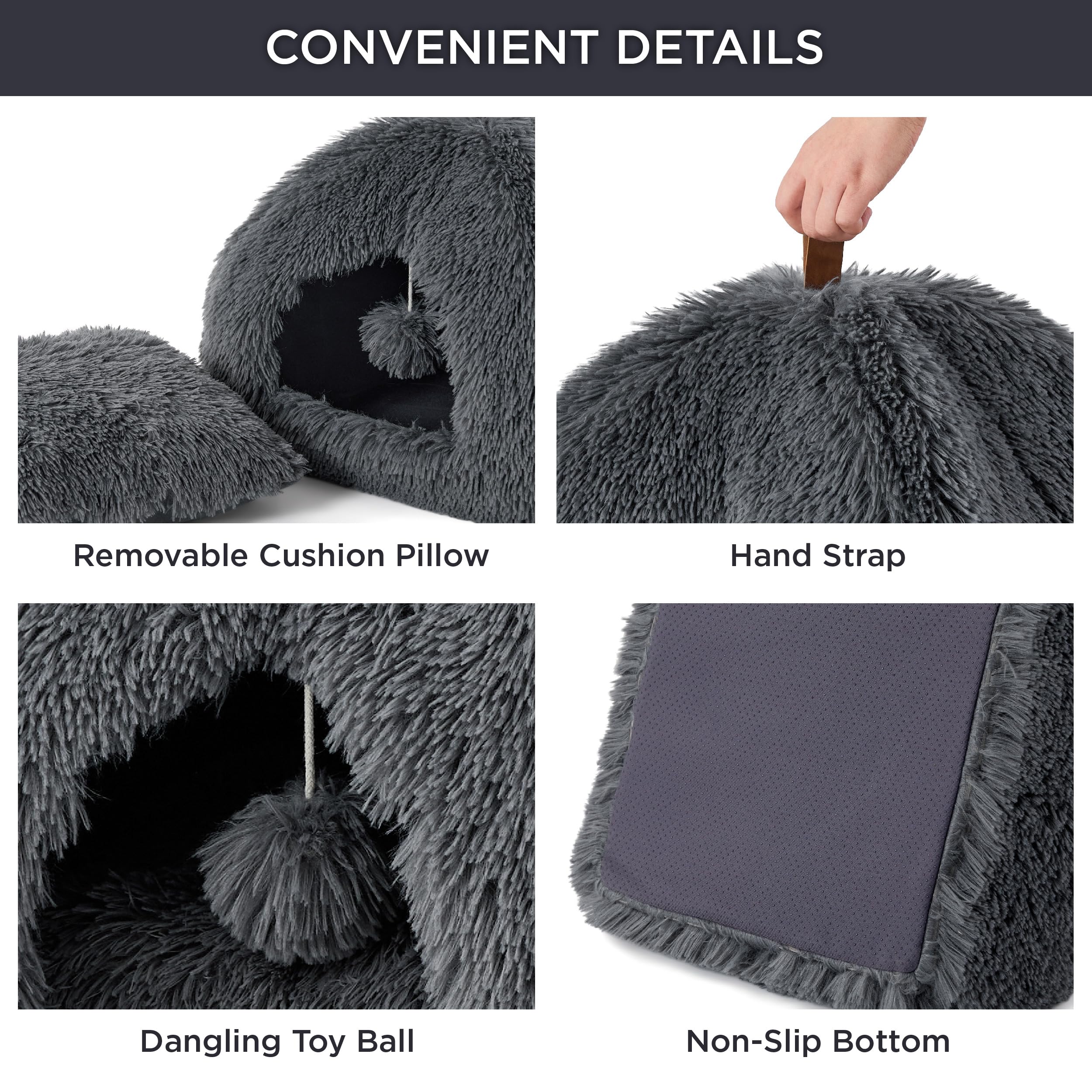 Bedsure Cat Cave Bed Igloo, Fluffy Cat Bed House with Removable Washable Cushion Pillow Foldable Portable Pet Bed - Image 4