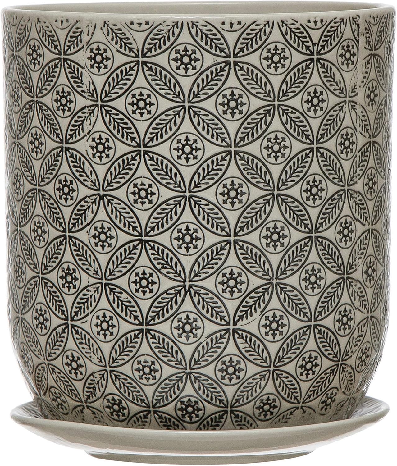 Creative CoOp HandStamped Stoneware Pot & Saucer with Embossed