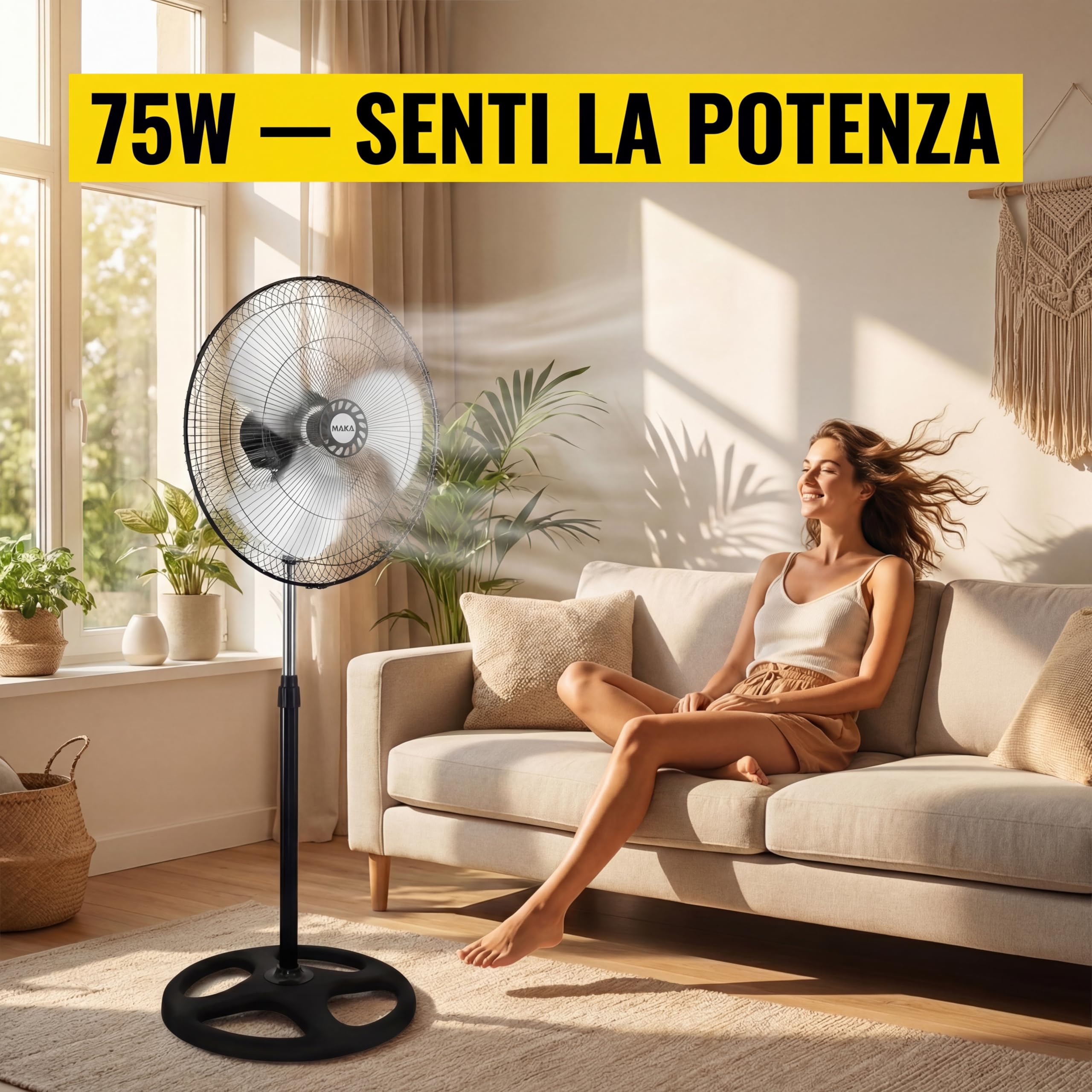 MAKA Ventilatore a Piantana Potente, Ventilatore Metallo 5 Pale, 75W, Basso Consumo, Oscillazione Orizzontale, Ventilatore da Terra Industriale Diametro 50cm, Regolabile Altezza Max 130 cm 3 Velocità