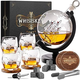 WHISISKEY Whisky Karaffe Set - Whiskey Geschenkset - Geschenke für Männer - Männergeschenke Geschenk - Geburtstagsgeschenk Mann - Globus Dekanter 900ML, Geschenkbox, 4 Whisky Gläser, 8 Whisky Steine