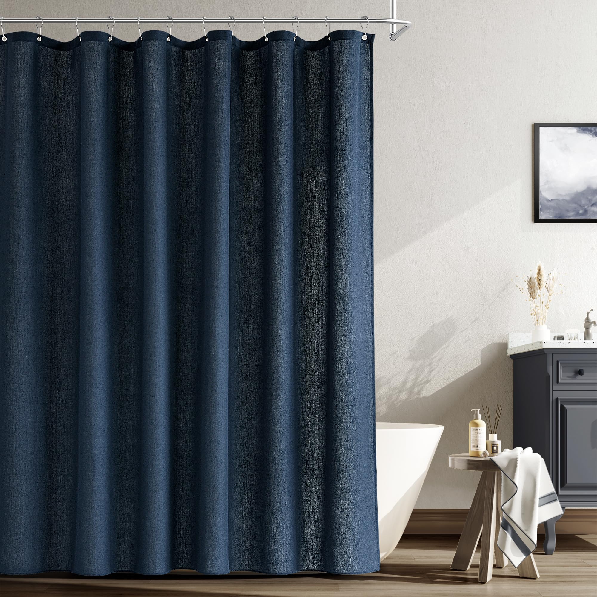 Naturoom Linen Shower Curtain 78 Inch Long for Bathroom Navy Blue 1 Panel
