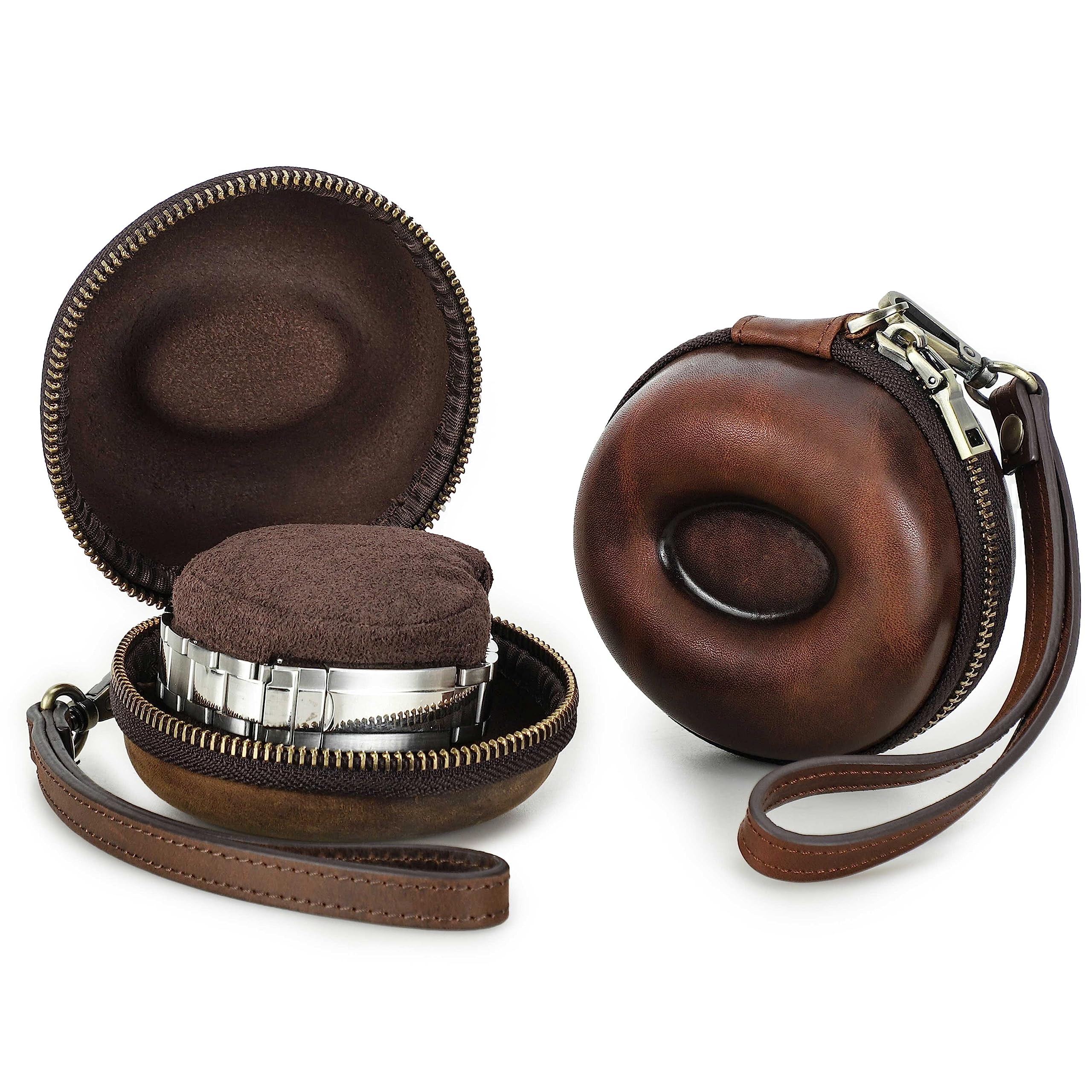 ITNXVKGES Leather Travel Watch Case with WristBand,Single Watch Storage Box for Wristwatches & Smart Watches up to 54mm (Coffee)