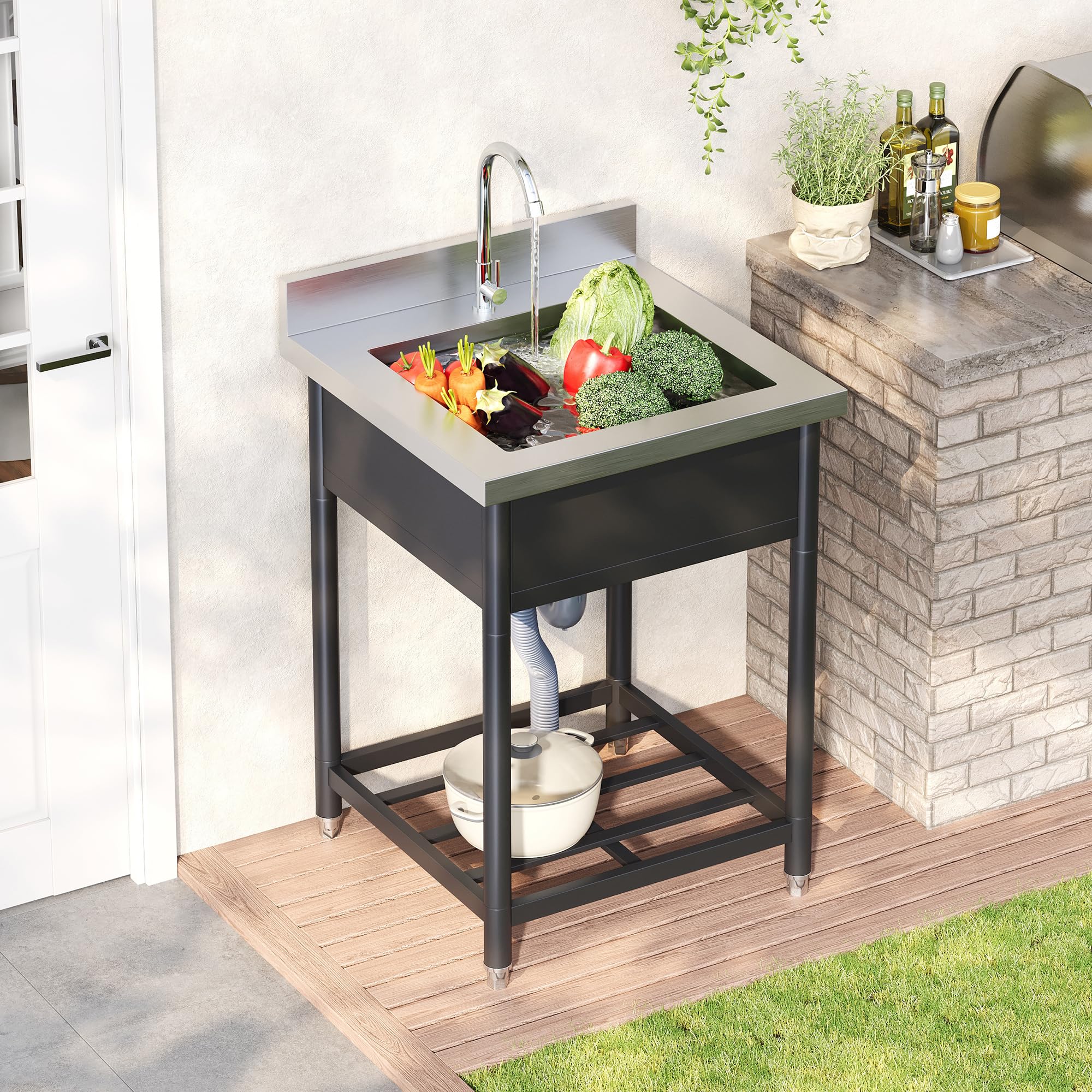 Lavello autoportante in acciaio inox con rubinetto e scarico, 60 x 60 cm, per cucina all'aperto, giardino, officina e gastronomia, robusto lavello da cucina da giardino con ripiano