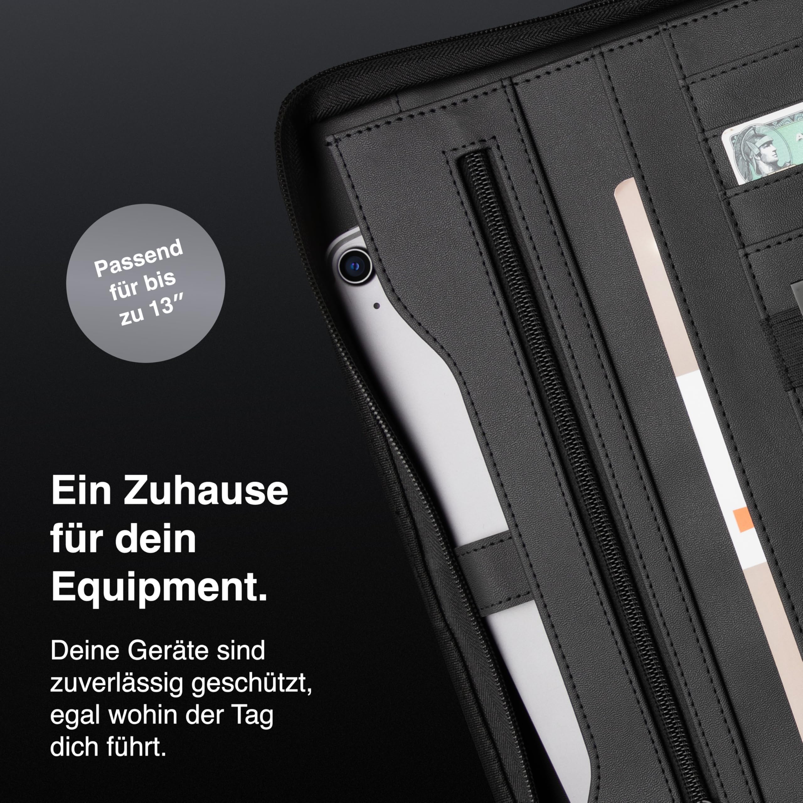 Vebon® Carpeta de anillas A4 "Berlin" I con cremallera + portapapeles I Carpeta de conferencias + funda para ordenador portátil I espacio extra I Negro I piel sintética, Gris Fantasma, moderno