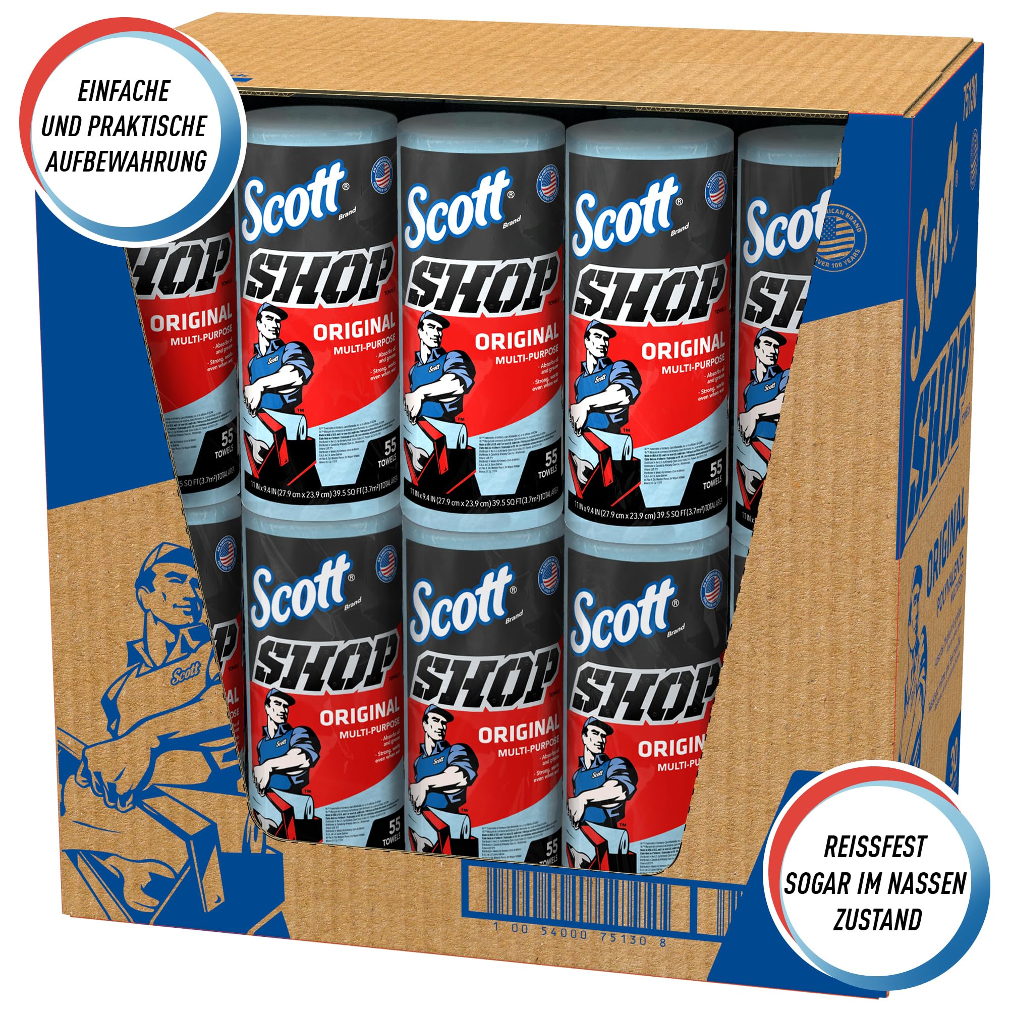Scott Shop Towels Original 75130 - Strapazierfähige Reinigungstücher in Blau - 30 Packungen mit 1 blauen Rolle à 55 Einmaltücher (1.650 Papiertücher insgesamt)