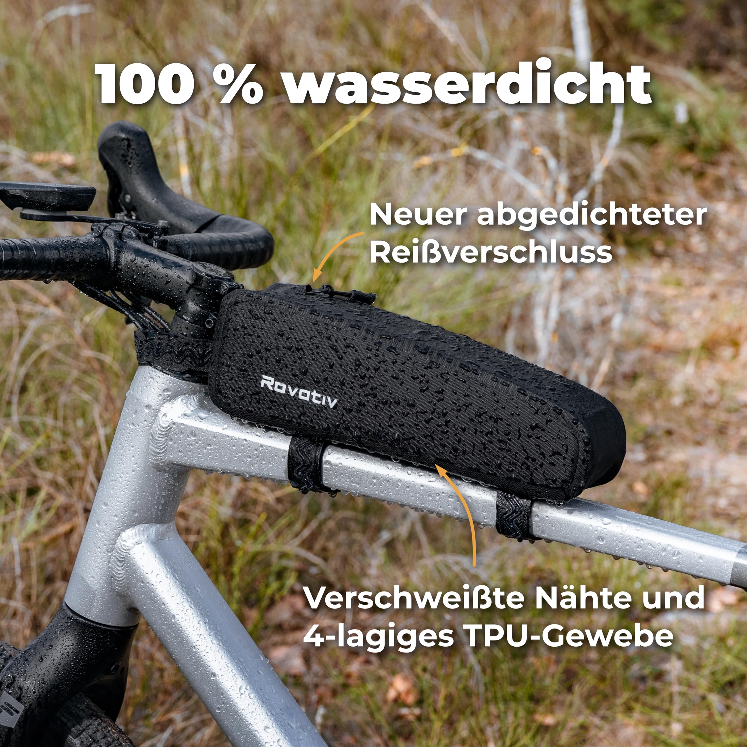 Rovativ® Bikepacking Oberrohrtasche [1,8 Liter] 100% Wasserdicht - Top Tube Bag - extra Fester Halt - Neuer Reißverschluss - für Gravelbike, Rennrad, MTB