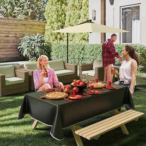 Miniatura 6 de Exquisite Manteles redondos de vinilo negro de 70 pulgadas, paquete de 1 mantel redondo con reverso de franela, plástico, reutilizable e impermeable