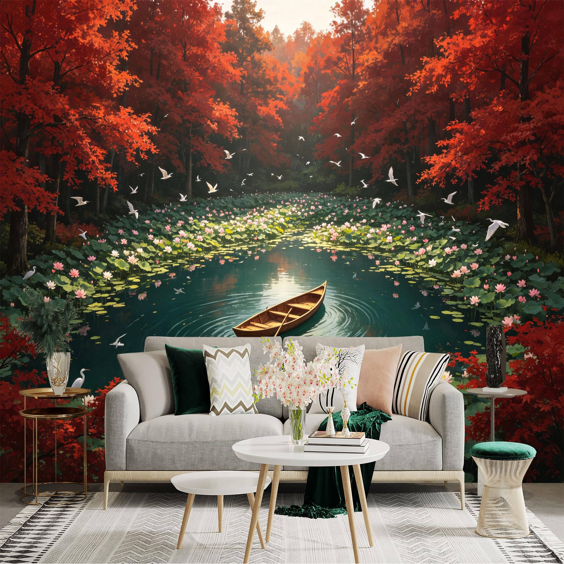 Custom Size Wall Sticker Mural， Serene Lotus Pond， Autumn Forest Landscape， Floating Wooden Boat， Flying White Egrets， for wall Decoration， peelandstick wall Decals.