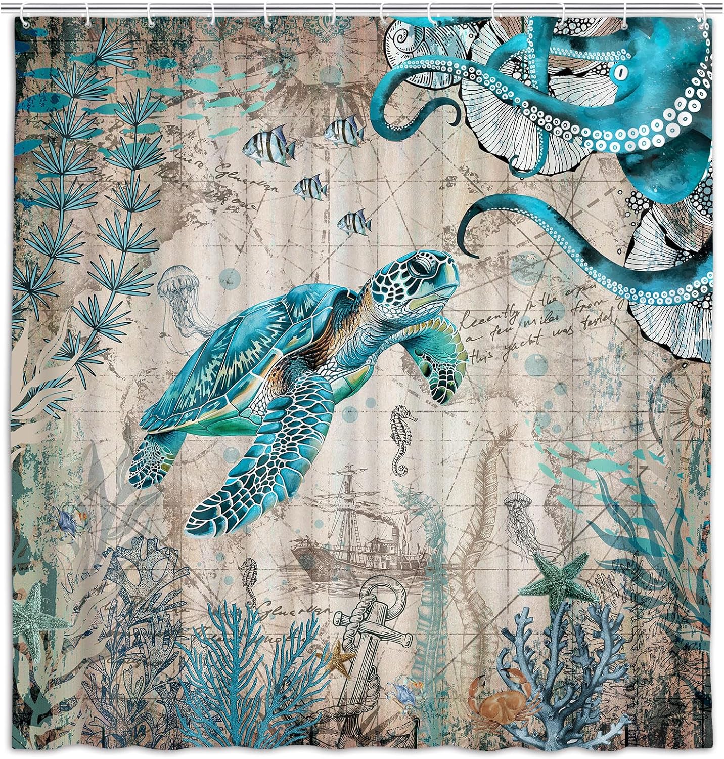 Wathon Sea Turtle Octopus Shower Curtain Blue Teal Ocean Bath Curtain with Vintage Pirate Map Underwater Animal Coastal Theme Bathroom Decor Set Hooks Included 70X84IN