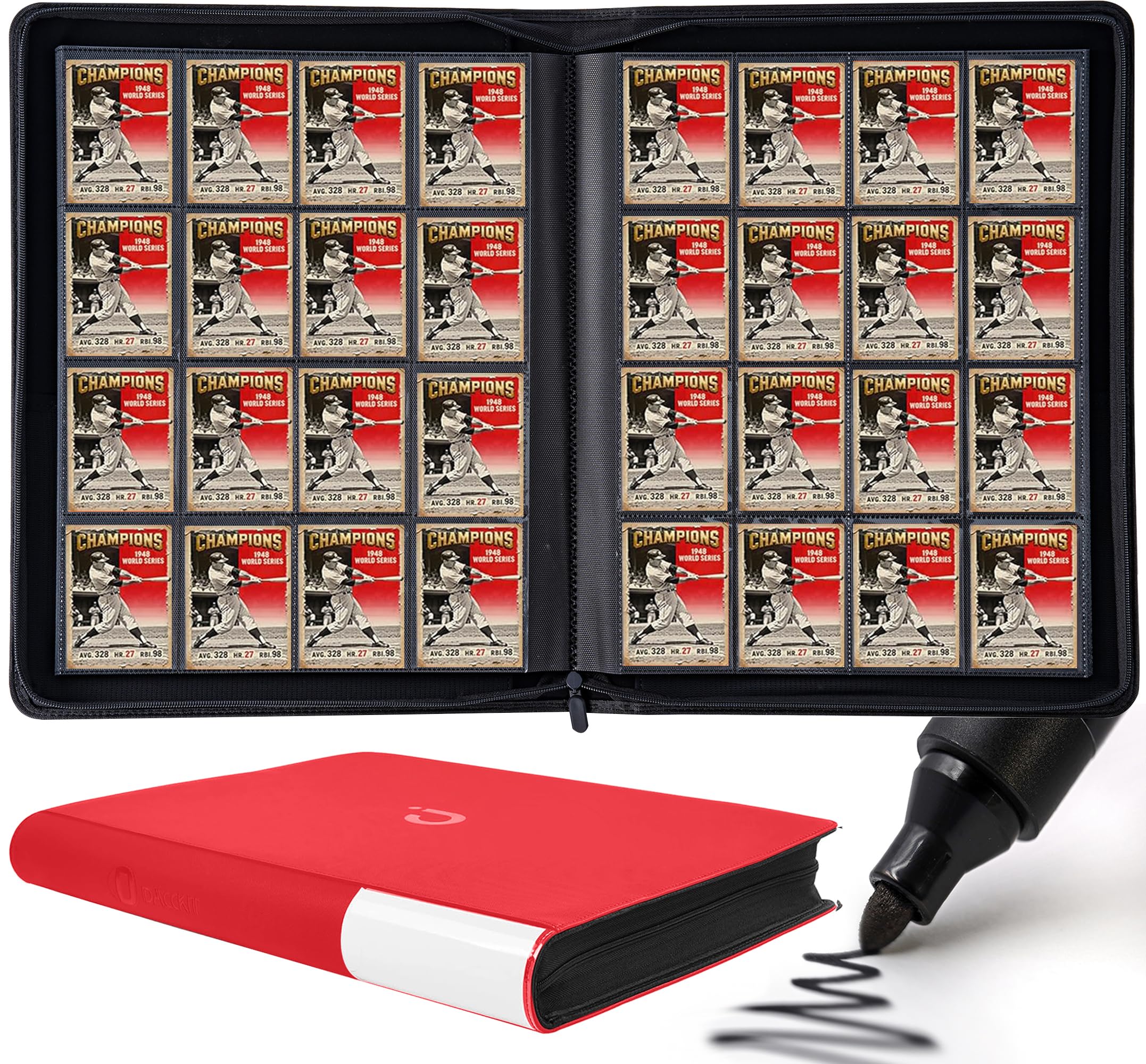 Premium Card Binder 16 Pocket - Fits 1600 Cards, 4x4 Ringless Card Album with Sleeves Compatible with Trading & Sports Cards（Red） — image 1
