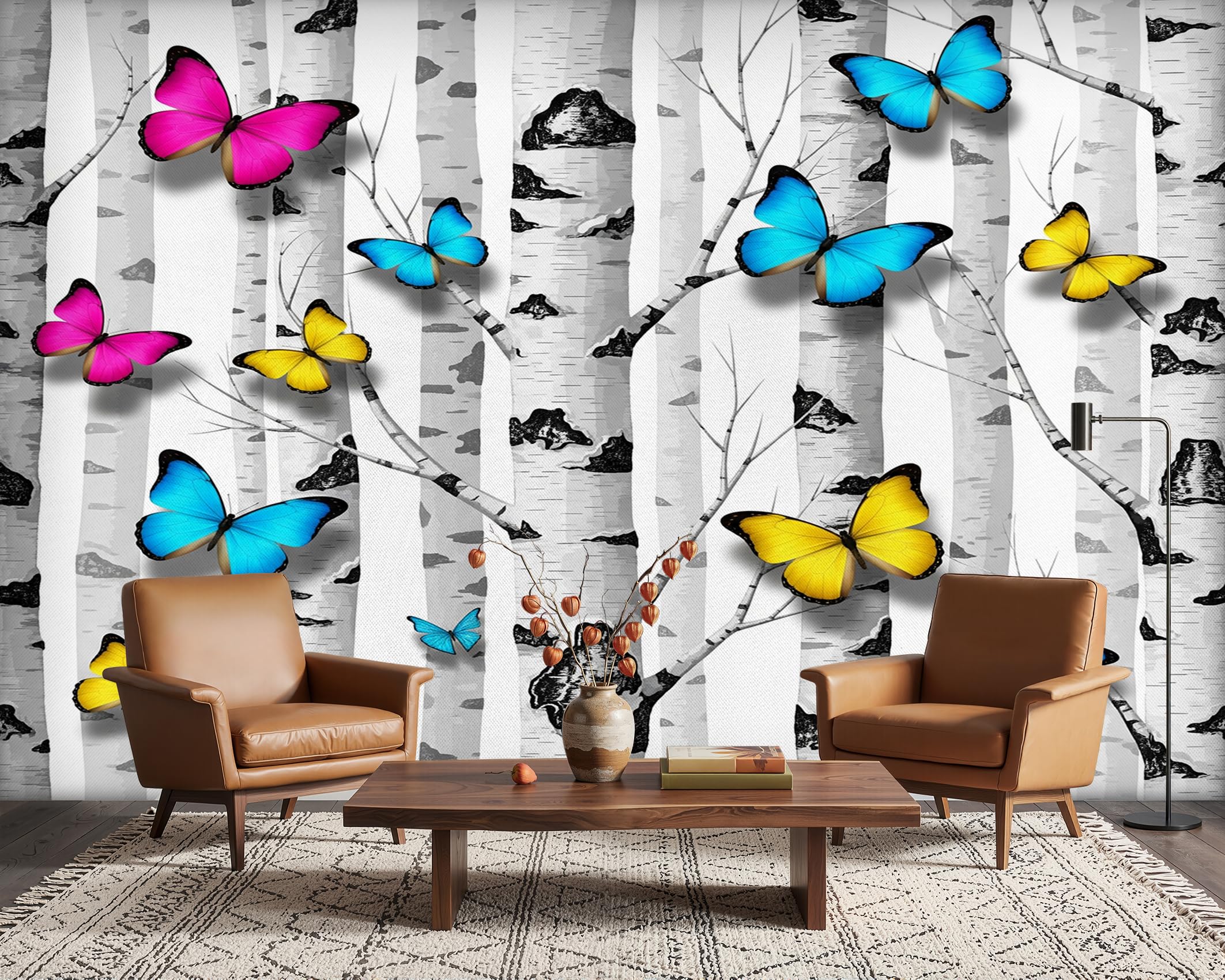 PaxGloz 3D Colourful Butterfly Birch Tree Wall Mural, Black and White Forest Wallpaper for Kids Playroom Nursery Living Room & Bedroom, Non-Woven Decorative Wall Art 350x256 cm