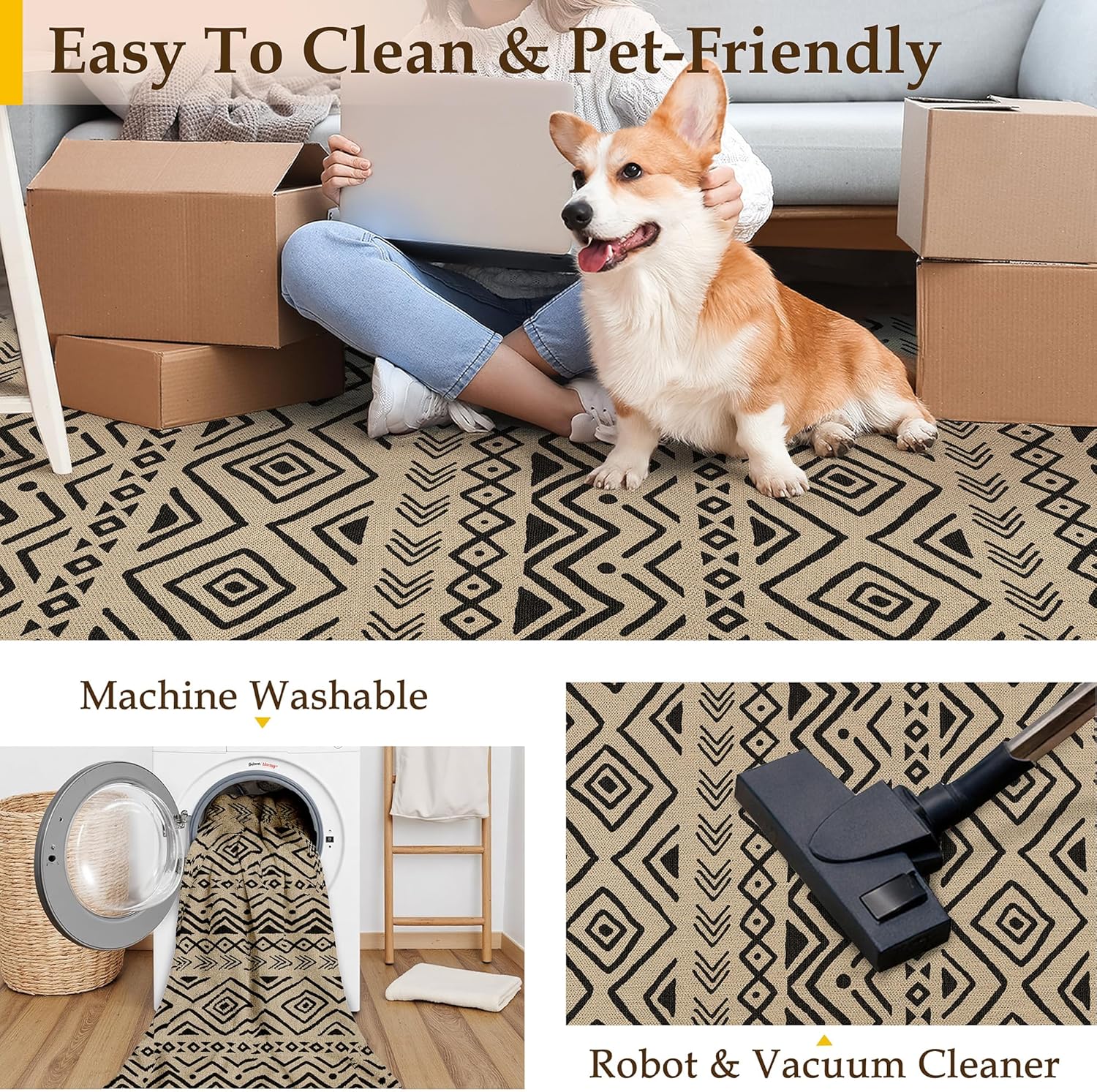PureCozy 3x5 Easy Jute Outdoor Rug Black Boho Indoor Outdoor Area Rug Farmhouse Patio Doormat for Backyard, Patio, Porch，Easy-Cleaning, High Traffic, Pet-Friendly, Non-Shedding