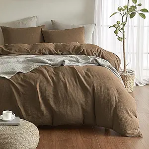 SE SOFTEXLY Muslin Duvet Cover Oversized King Size, 100% Washed Cotton Duvet Cover Set, Soft Comforter Cover Linen Like, 3 Pieces Minimalist Gauze Duvet Cover with 2 Pillowcases, 98"x120", Dark Brown