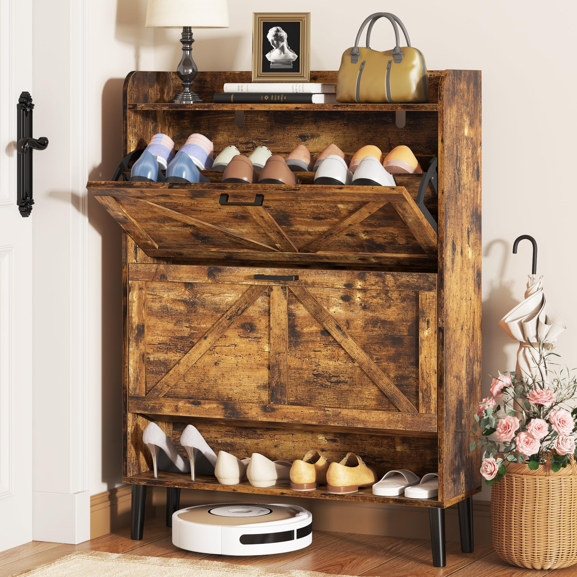 Photo 1 of **STOCK PHOTO IS WRONG COLOR**   HOMEFORT Shoe Storage Cabinet for Entryway, Slim Shoe Organizer with Two Flip Drawers, Narrow Shoe Rack Cabinet with Wood Legs, Farmhouse Hidden Shoe Cabinet for Front Door Entrance,Rustic Brown 2 Drawers Rustic Brown