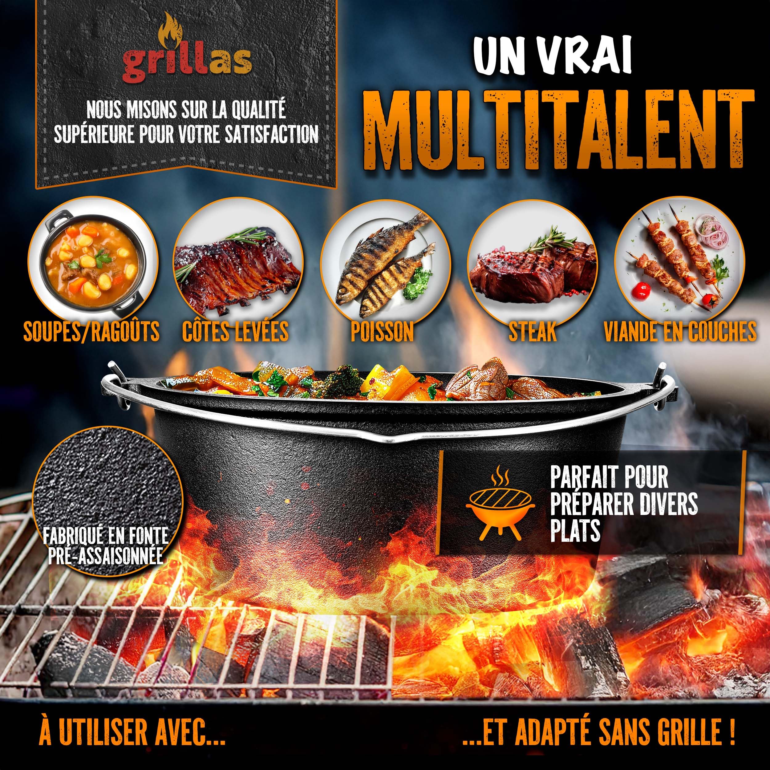 grillas® Dutch Oven Set Premium Série | Pré-assaisonné | Casserole en fonte I Rôtissoire avec soulève-Couvercle