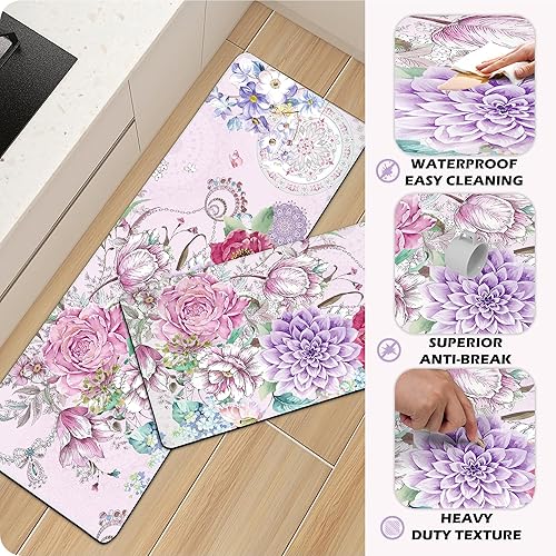 Miniatura 5 de Tapetes de cocina para piso, diseño floral, antifatiga, acolchado, antideslizante, lavable, estilo bohemio, juego de 2 alfombras de cocina
