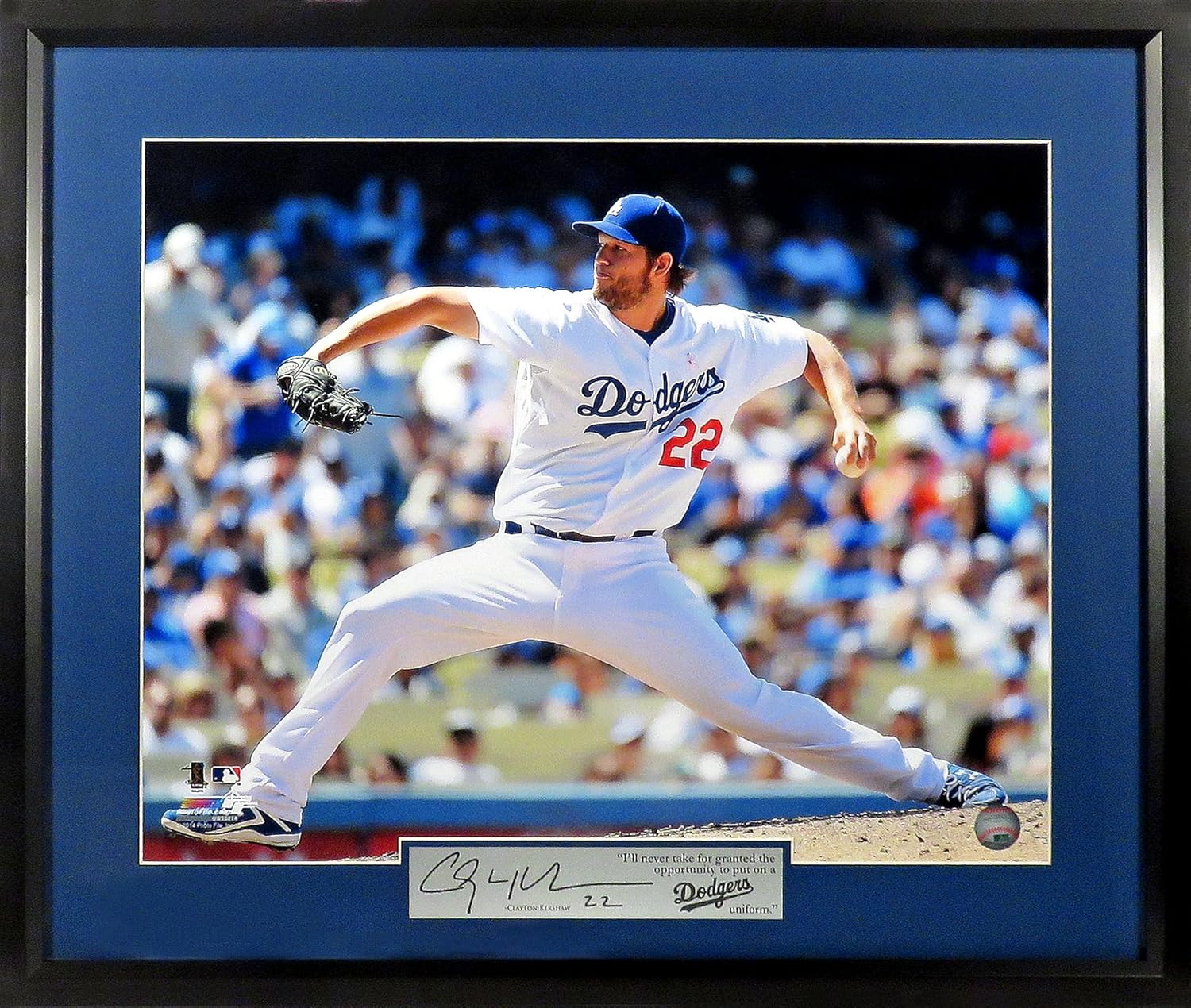 Clayton Kershaw 16x20 Framed Photograph (Engraved Series) -Blue Mat/Silver Plate