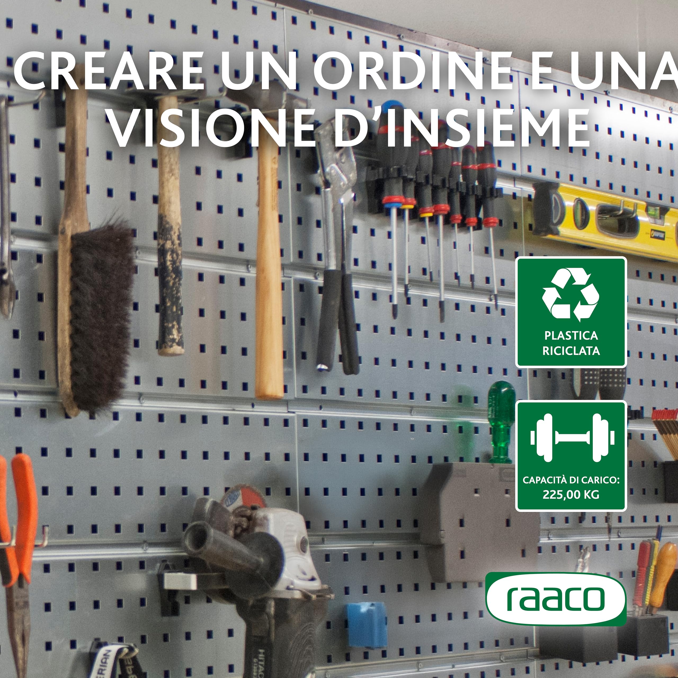 Raaco 3 TWP Set - Parete attrezzata officina in acciaio zincato con 44 SuperClips, pannello forato portautensili 156 x 44 cm, capacità di carico di 225 kg, pannello porta attrezzi da parete