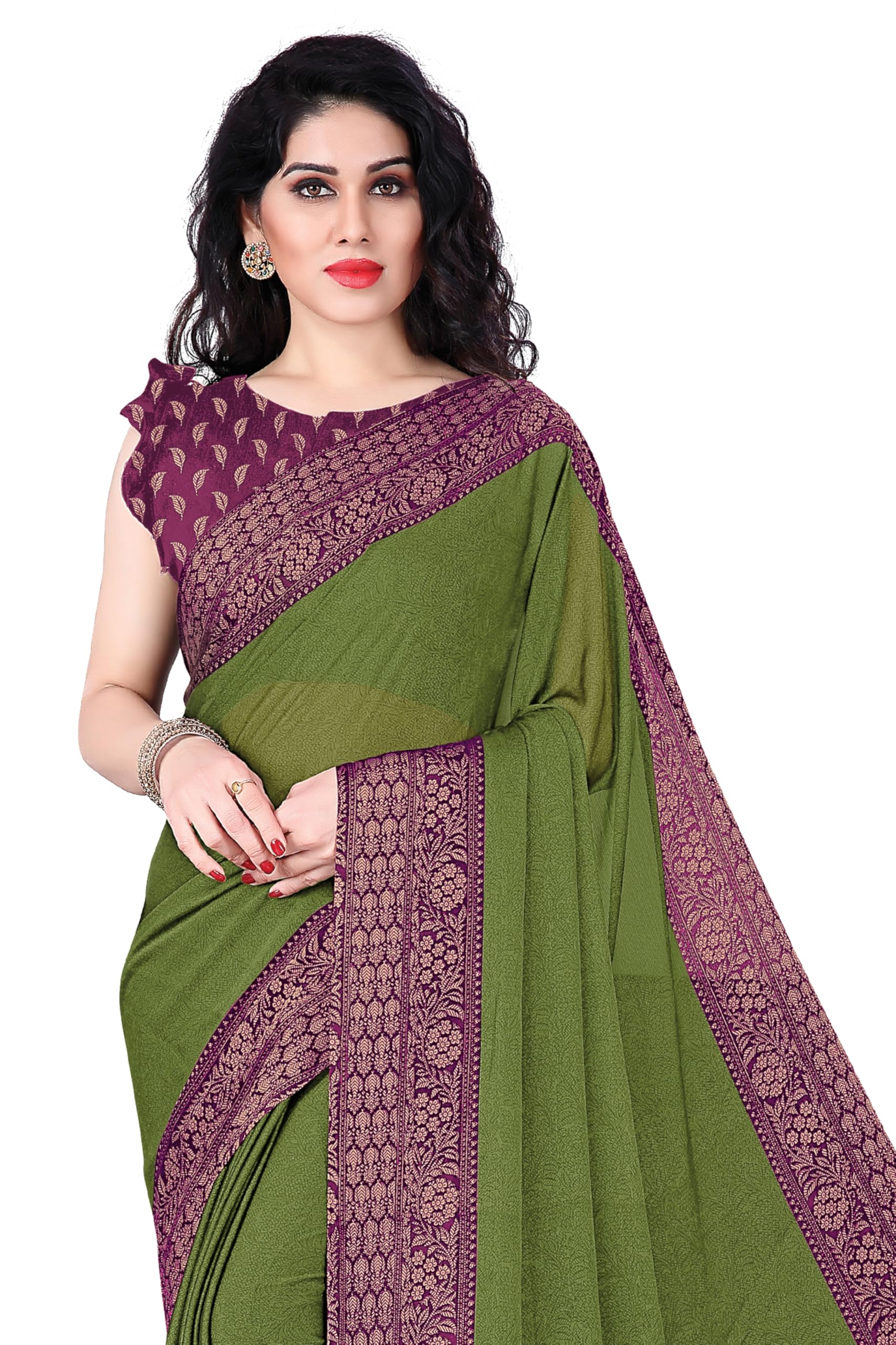 mirchi fashion Saree for Woman Chiffon Georgette Solid with Contrast Border | Lightweight Daily Wear Women's Sari and Printed Blouse Piece-picture-18