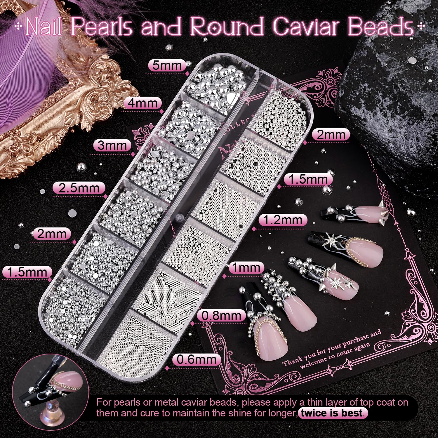 3D Mini Punk Nail Studs Cone Spike Alloy Rivets (Black+Silver), Flatback Nail Pearls and Round Steel Balls Beads(Silver), Goth Nail Charms and Gems for Nail Accessories