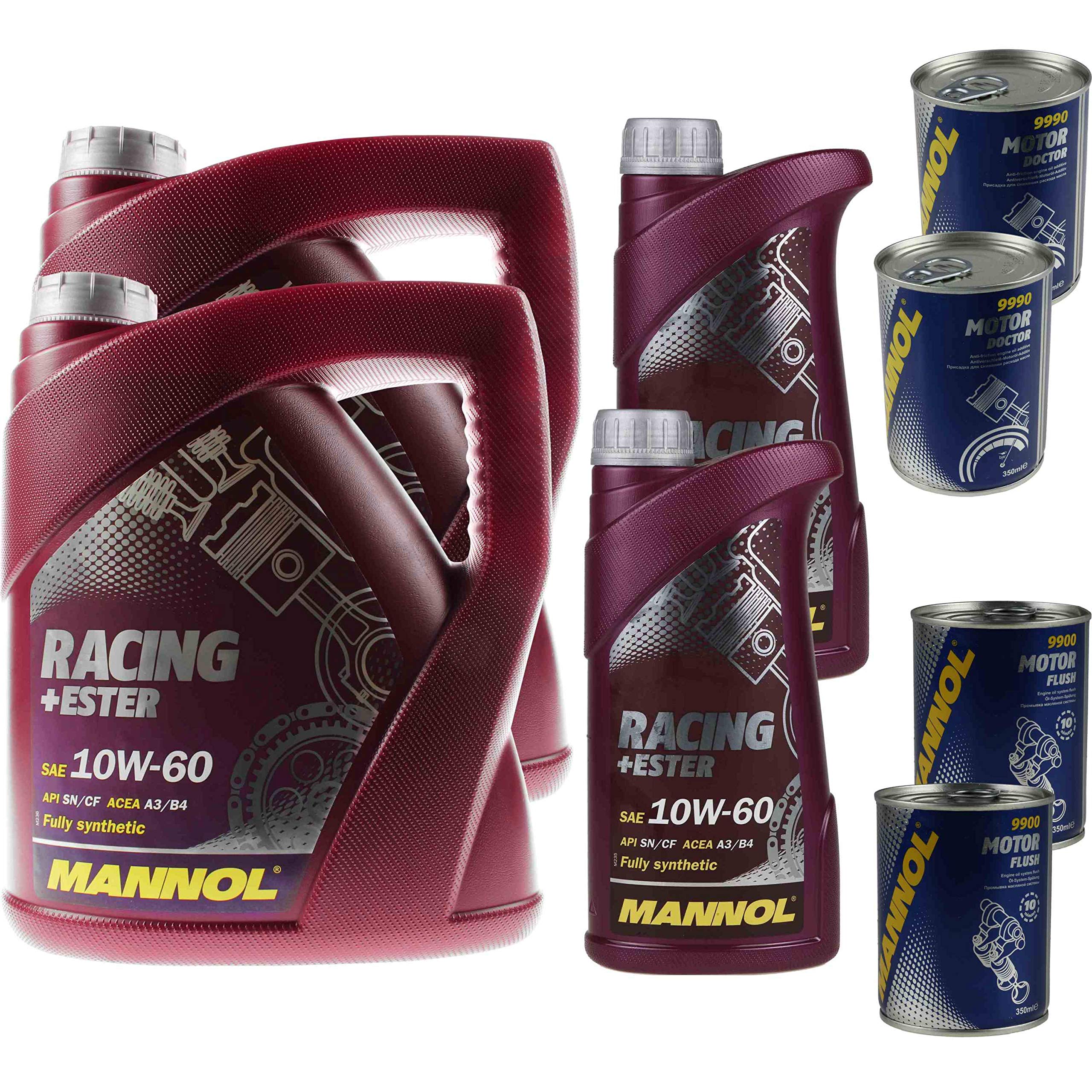 MANNOL Racing+Ester 10W-60 Motoröl 10 Liter + Motor Doctor & Motor Flush – Syntheseöl Für Sport- & Rennmotoren