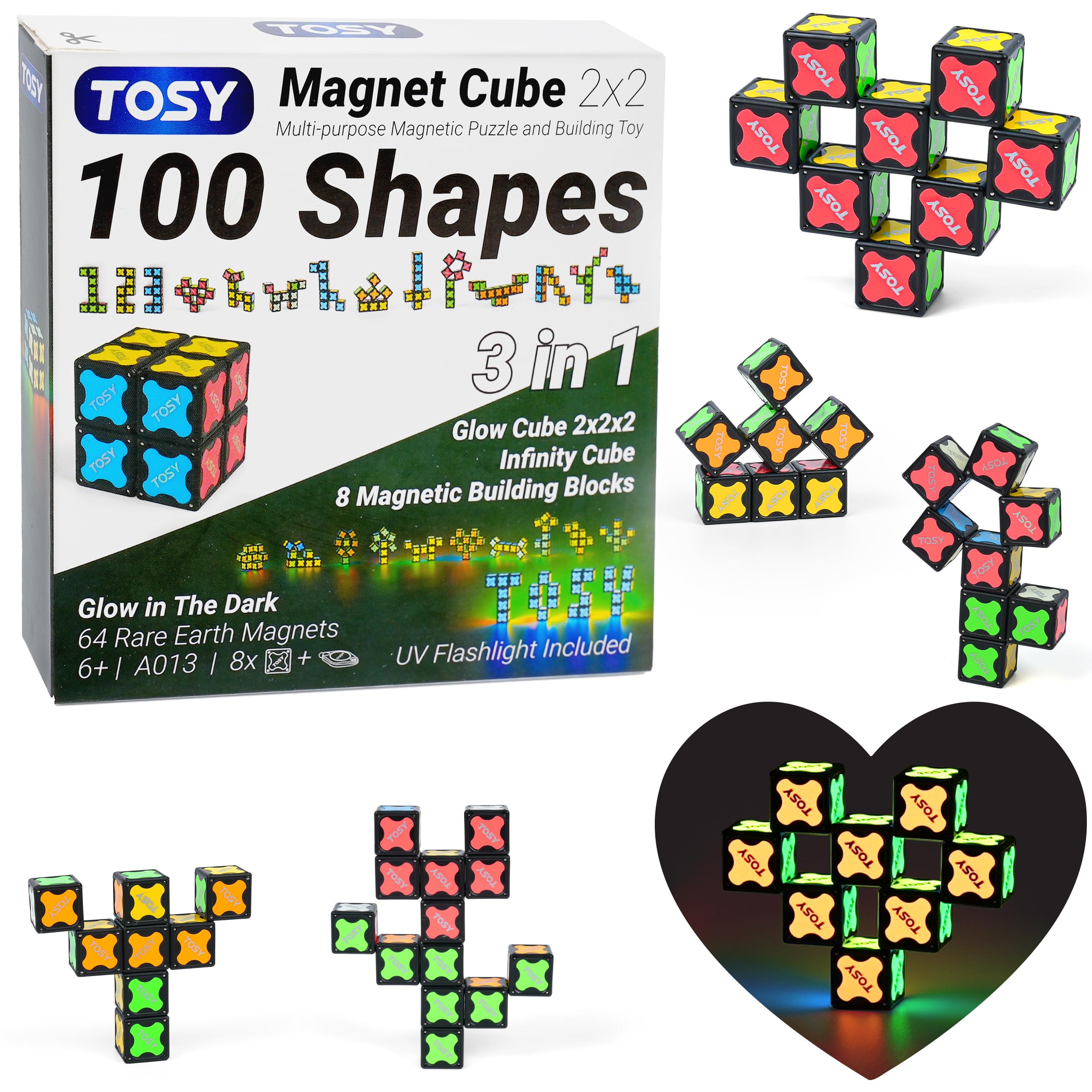 Magnet Cube 2x2 - 8 Blocks, 2in1 Toy: 2x2x2 Puzzle Cube and Customizable Infinity Cube, Easter Valentine Gifts for Kids/Grandkids, Glowing with UV Flashlight, Sensory/STEM Toy